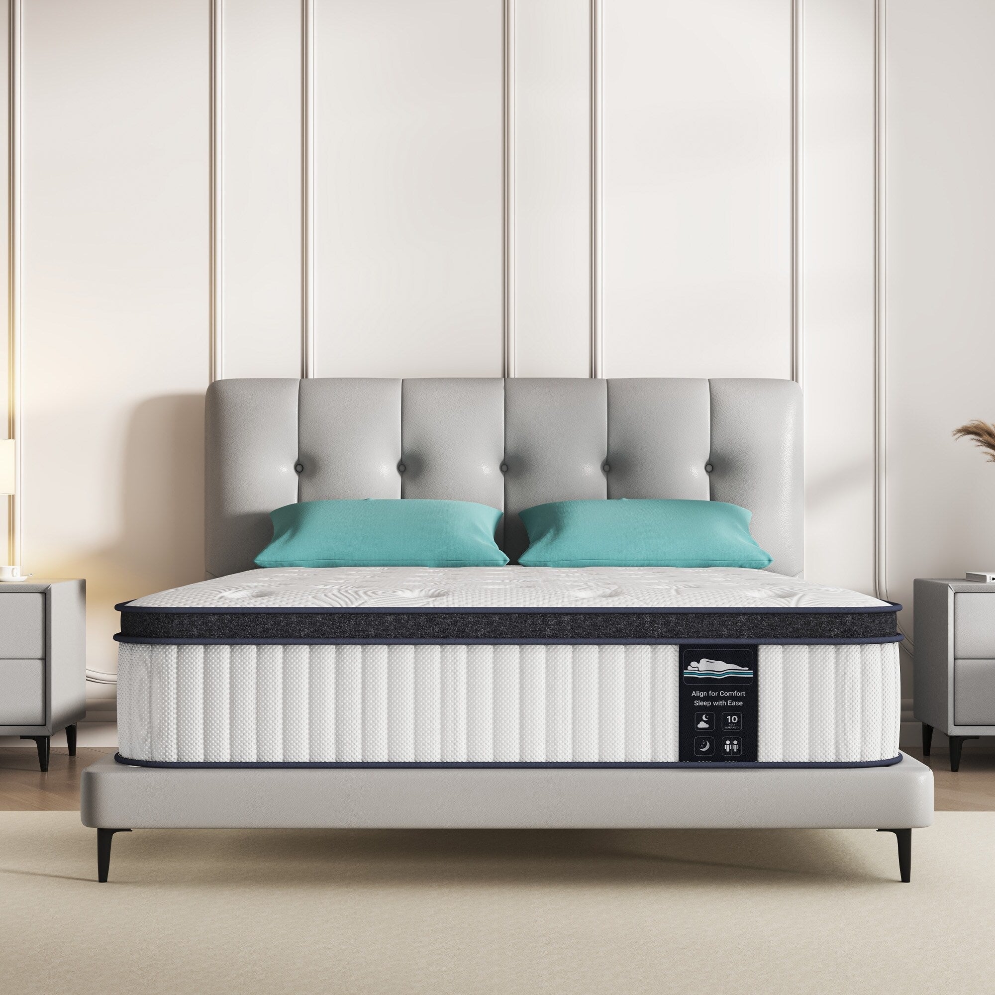 Matelas hybride 10 pouces, matelas à ressorts ensachés en mousse à mémoire de forme, confort moyen, lits simples, doubles et queen size - Blanc