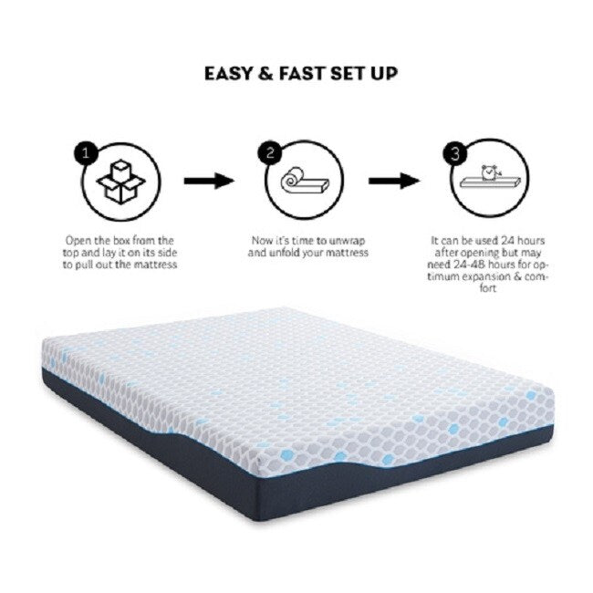 Matelas Queen Size en mousse à mémoire de forme 10 pouces, matelas dans une boîte, mousse à mémoire de forme infusée de gel et de charbon de bambou - Gris clair-bleu