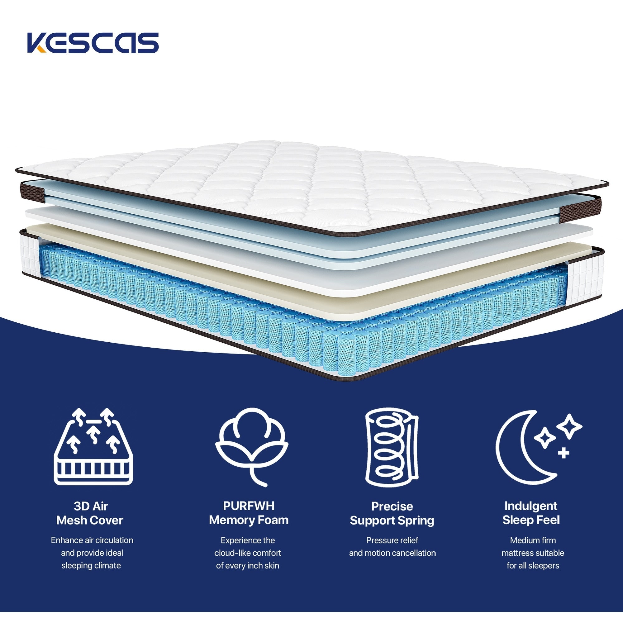 Matelas à plateau-coussin de 10 pouces pour lit simple, double ou queen size, matelas hybride en mousse à mémoire de forme et ressorts ensachés