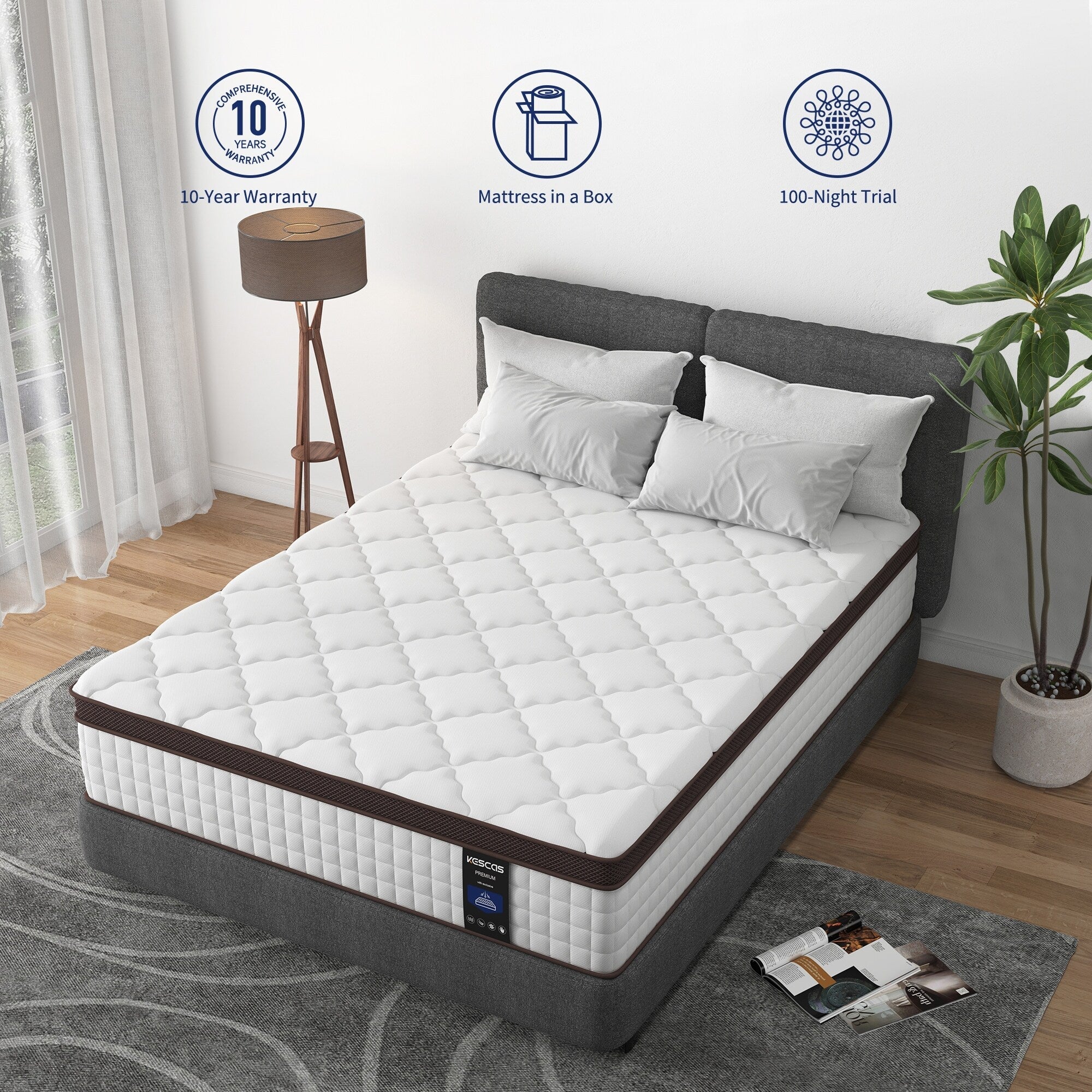 Matelas à plateau-coussin de 10 pouces pour lit simple, double ou queen size, matelas hybride en mousse à mémoire de forme et ressorts ensachés