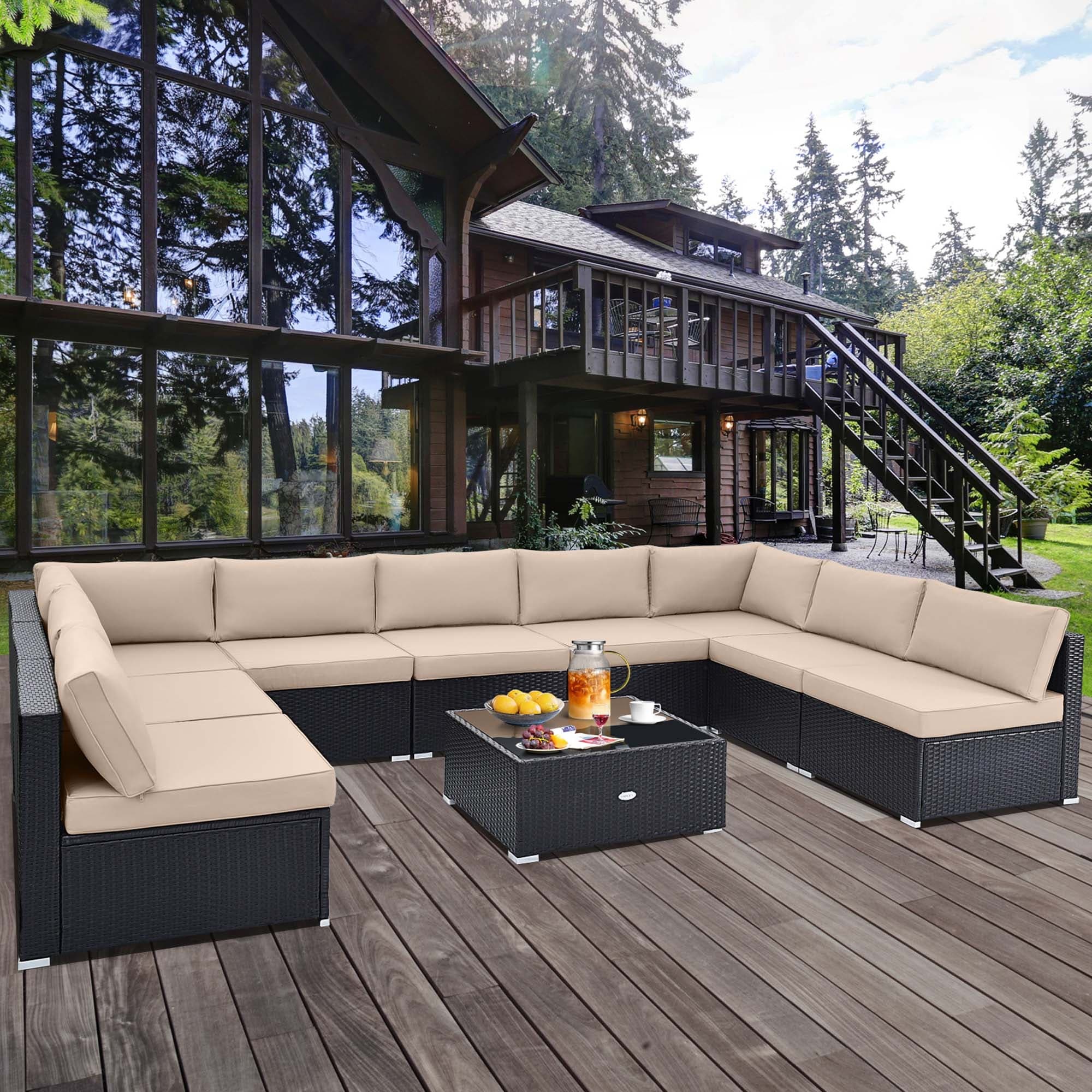 Ensemble de meubles de patio en rotin 10 pièces avec canapé en osier et table et siège rembourré