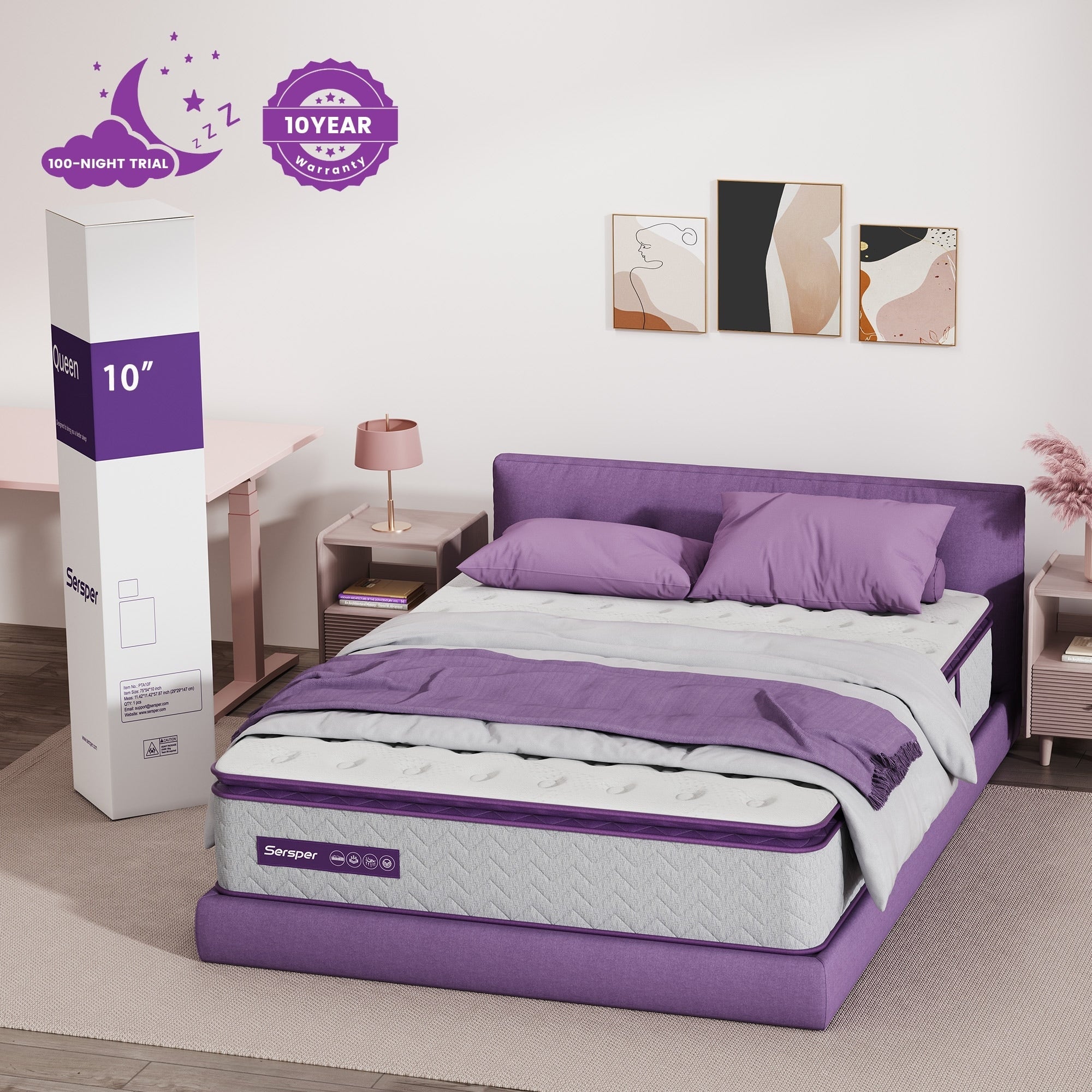 Matelas hybride à ressorts ensachés et mousse à mémoire de forme de 10 pouces, matelas à plateau-coussin