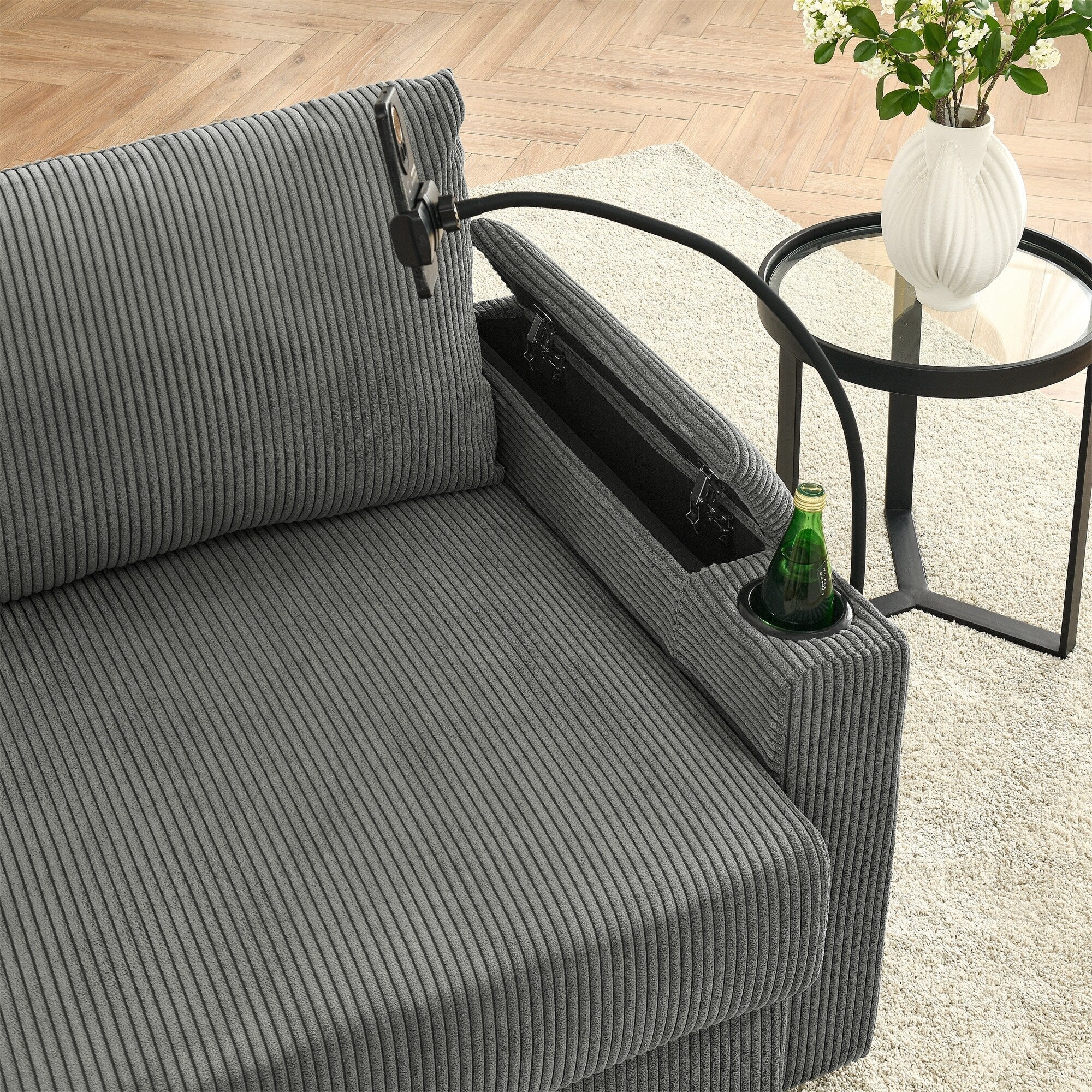 Canapé 3 places moderne en velours côtelé 102, siège profond avec porte-gobelets et support pour téléphone