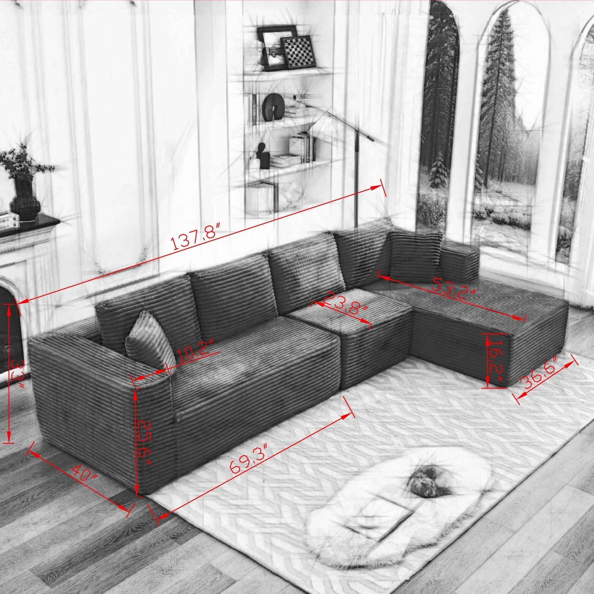 Canapé d'angle Cloud 106 en forme de L avec méridienne orientée vers la droite, canapé modulaire moderne à assise profonde pour salon, aucun assemblage requis