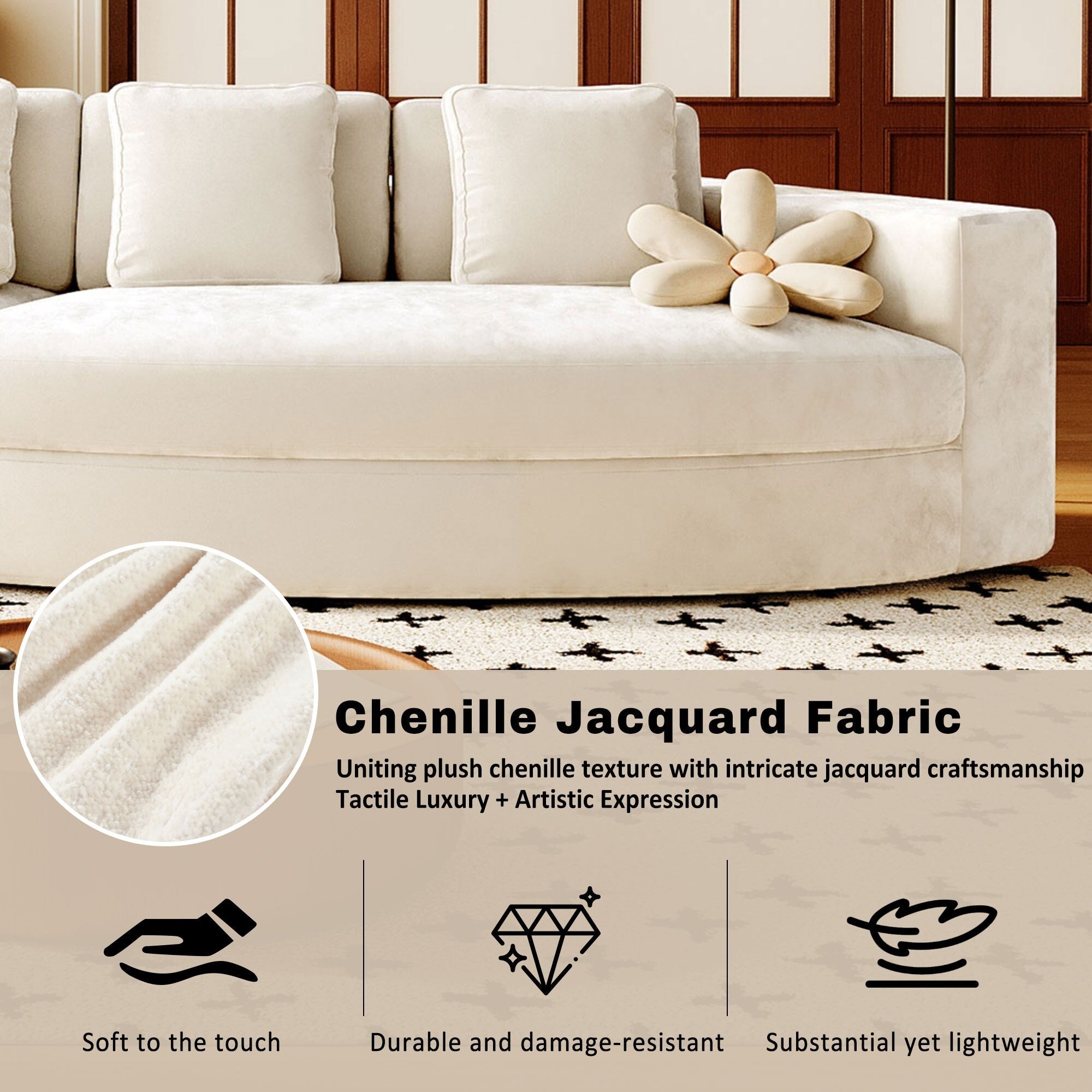 Canapé modulaire 115.7 Pure Foam, ensemble de 2 pièces avec 5 coussins, 4 places, tissu chenille jacquard, design incurvé