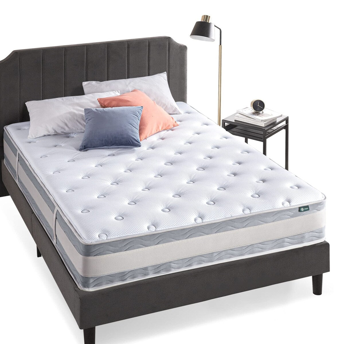 Matelas hybride matelassé rafraîchissant Comfort Support de 12 pouces, ressorts ensachés pour une isolation optimale des mouvements, soutien des bords, Queen, blanc