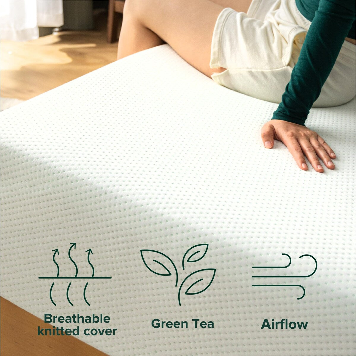 Matelas en mousse à mémoire de forme au thé vert 12 pouces, sans fibre de verre, support breveté sur mesure, base en mousse robuste, lit-en-boîte, très grand lit
