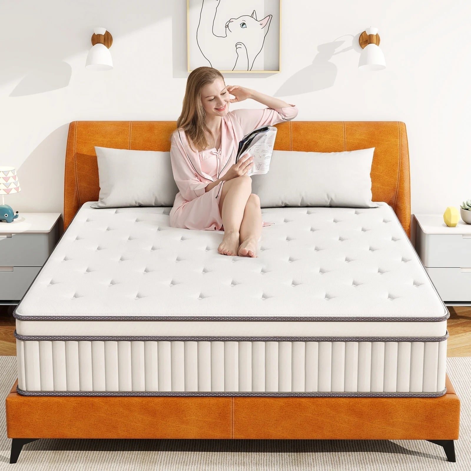 Matelas hybride 12 pouces, matelas hybride à ressorts ensachés en mousse à mémoire de forme, matelas à sensation moyenne pour soulager la pression.