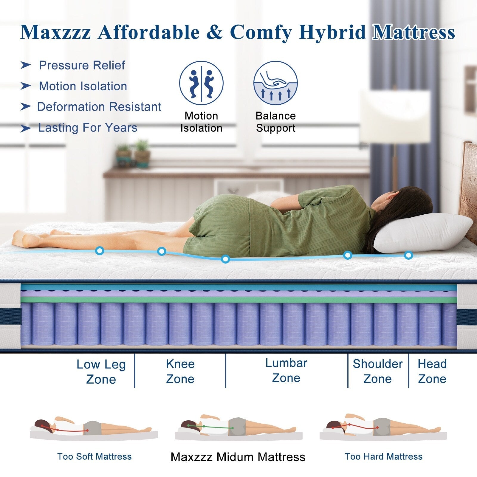 Matelas hybride King size de 12 pouces dans une boîte, mousse à mémoire de forme rafraîchissante, ressorts ensachés, isolation des mouvements, luxe