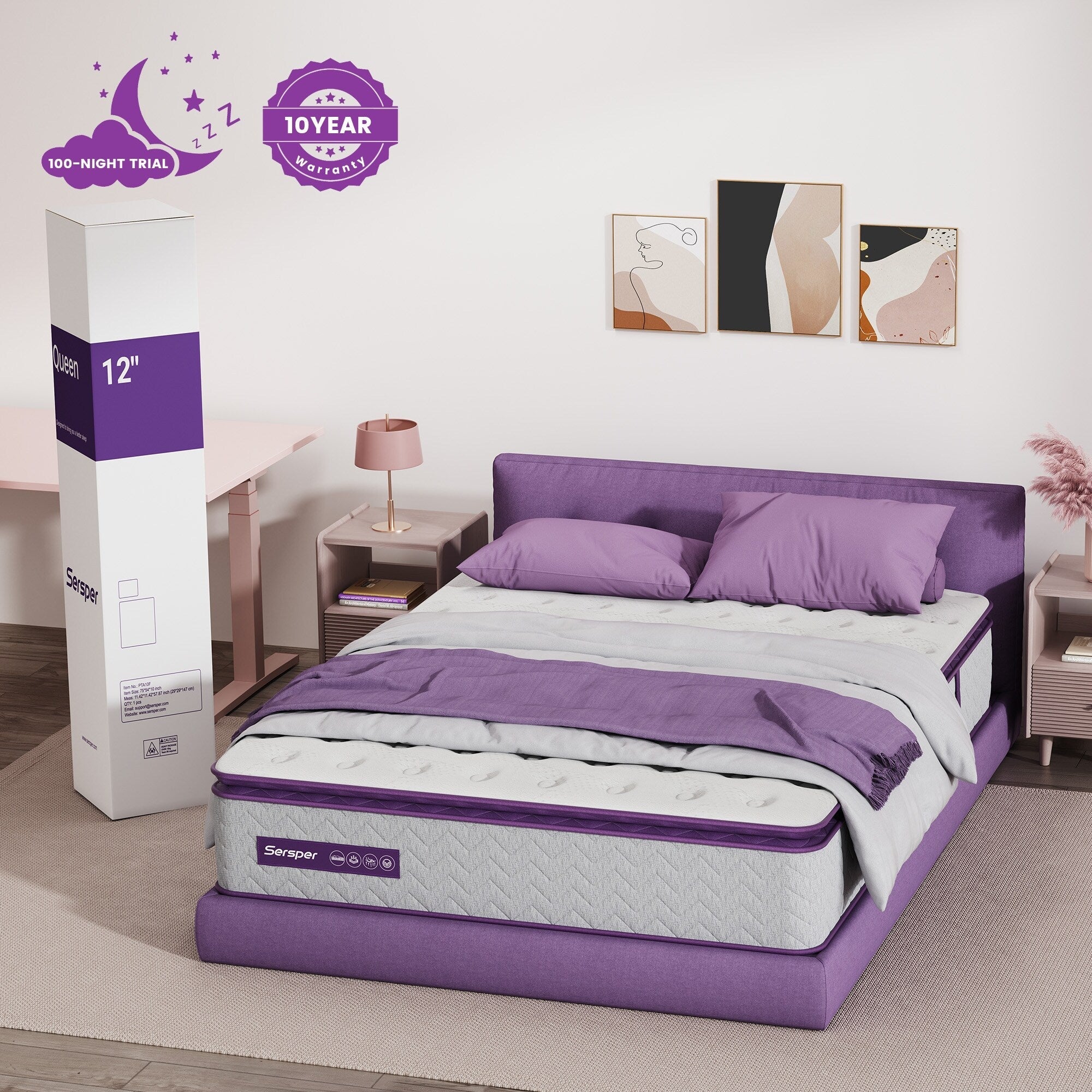 Matelas hybride en mousse à mémoire de forme Queen et King de 12 pouces, avec plateau-coussin et ressorts ensachés à 5 zones, isolation des mouvements