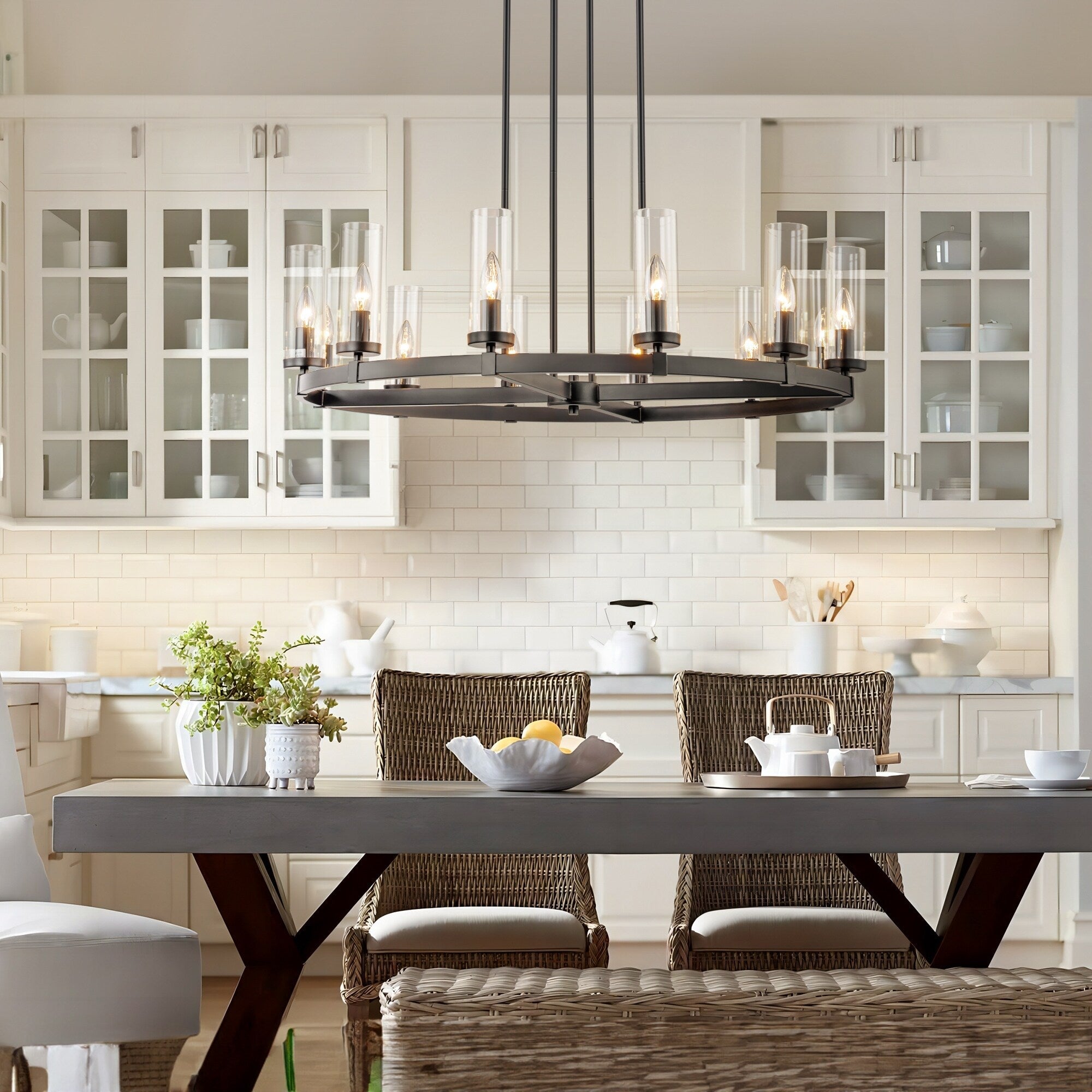 Lustre à 12 lumières en forme de roue de chariot, style moderne du milieu du siècle, en verre transparent, doré/noir, grand modèle