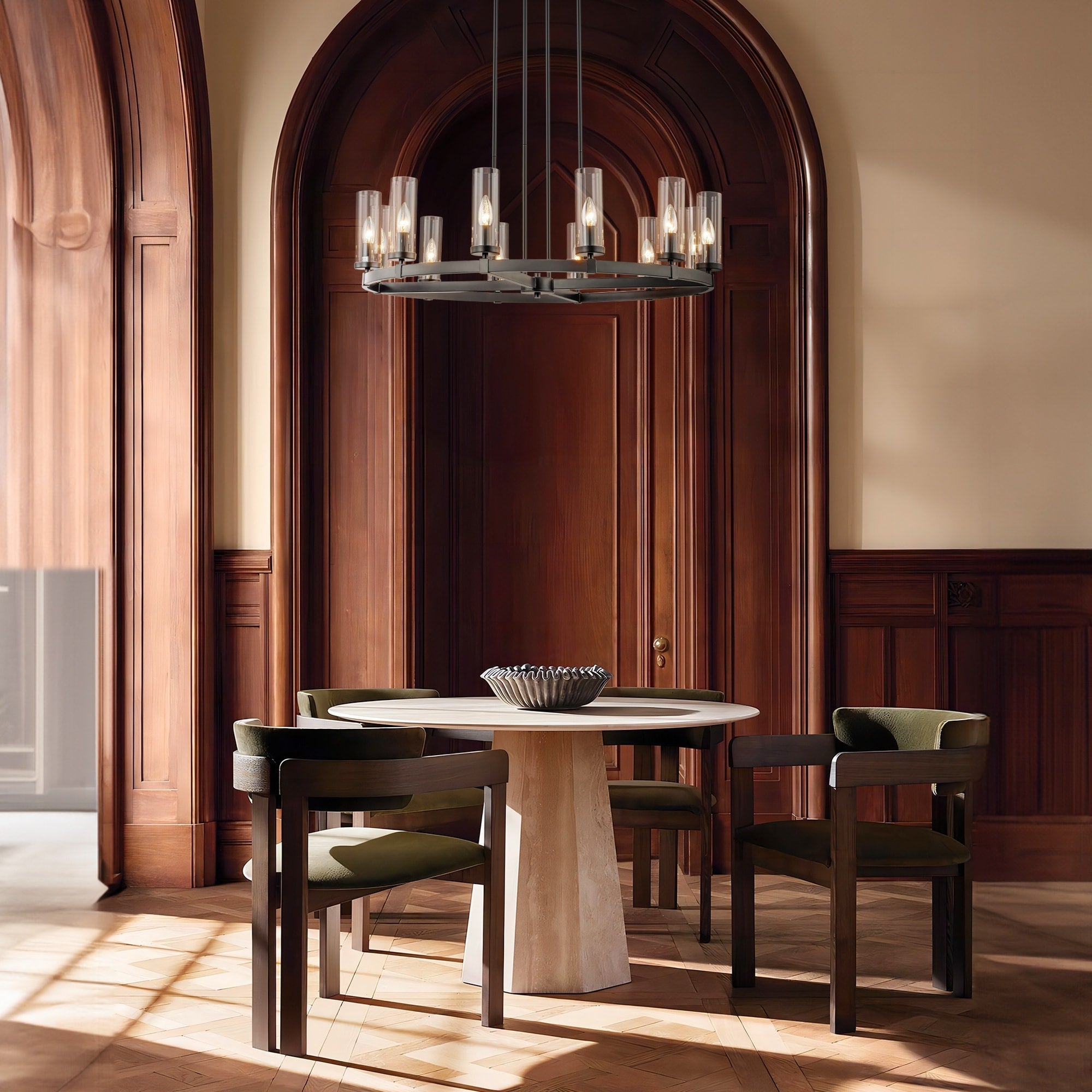 Lustre à 12 lumières en forme de roue de chariot, style moderne du milieu du siècle, en verre transparent, doré/noir, grand modèle