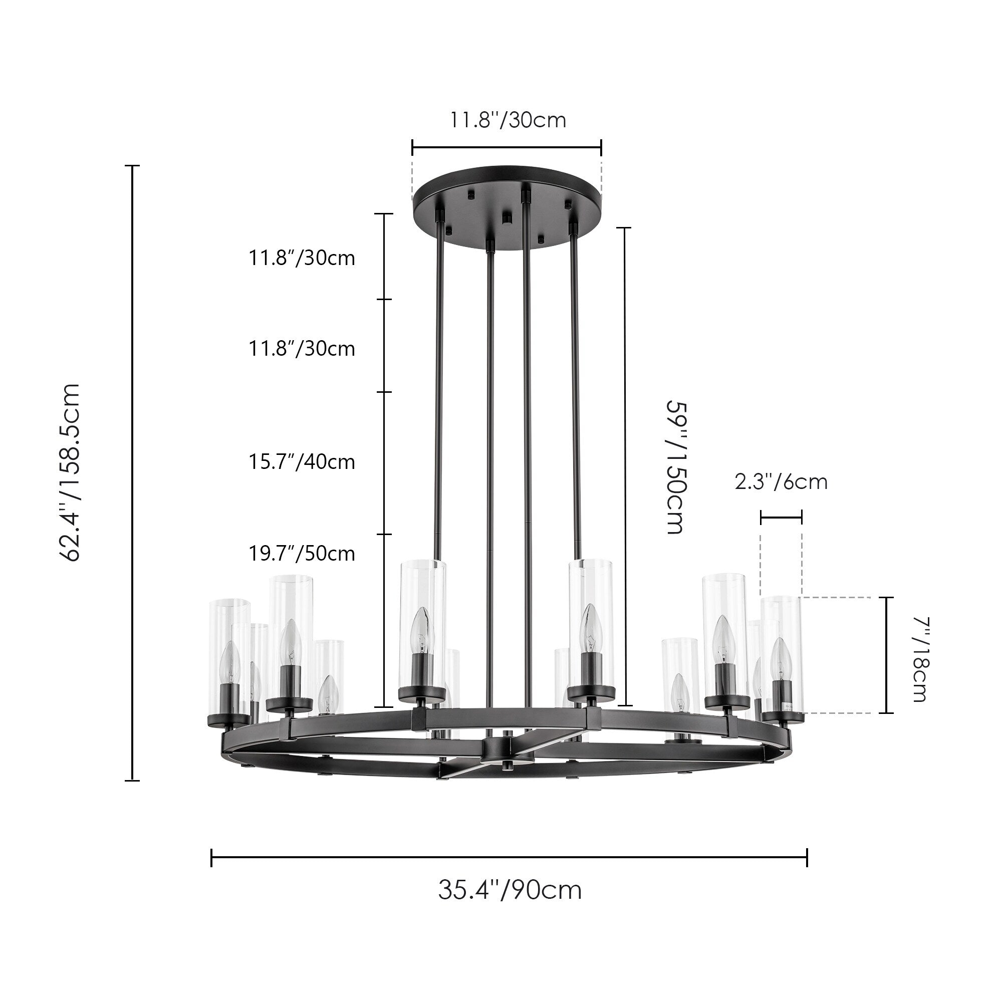 Lustre à 12 lumières en forme de roue de chariot, style moderne du milieu du siècle, en verre transparent, doré/noir, grand modèle