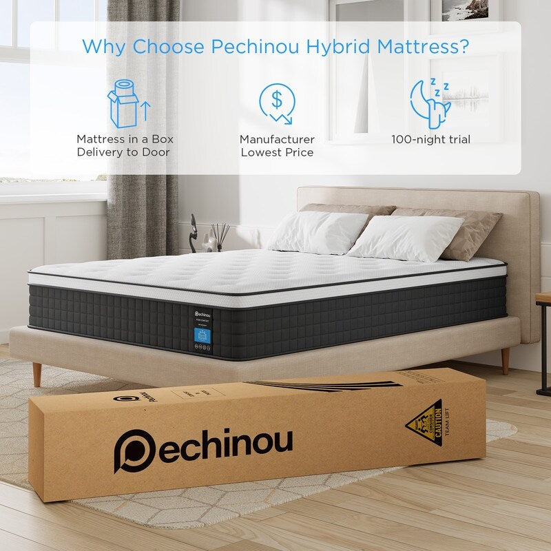 Matelas hybride 12 pouces dans une boîte avec mousse à mémoire de forme en gel, soulagement des douleurs dorsales et refroidissement, soutien moyennement ferme