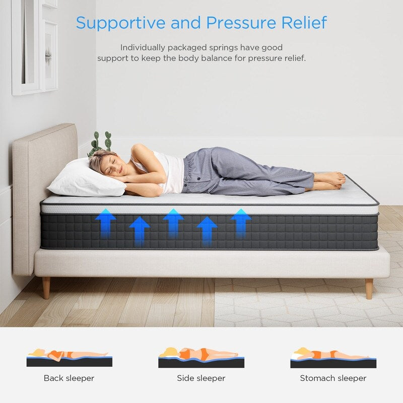 Matelas hybride 12 pouces dans une boîte avec mousse à mémoire de forme en gel, soulagement des douleurs dorsales et refroidissement, soutien moyennement ferme