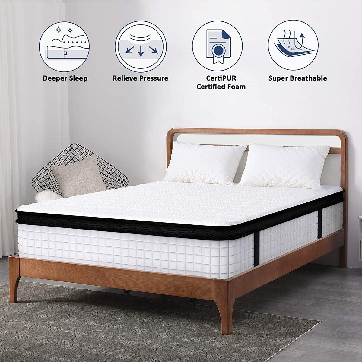 Matelas hybride à ressorts ensachés en mousse viscoélastique de 12 po, à plateau-coussin, pour lit double, très grand format