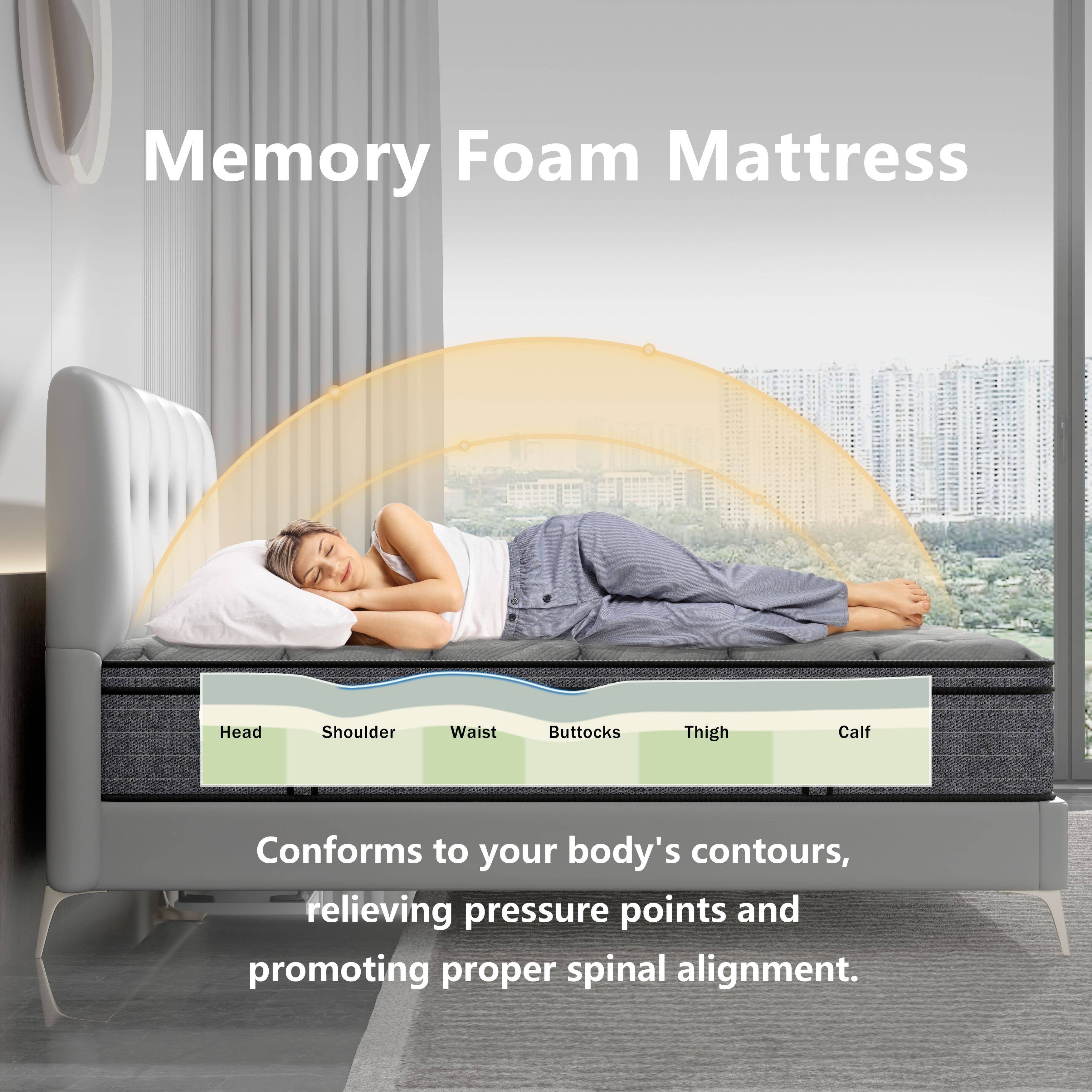 Matelas hybride moyen Euro Top de 12 pouces, matelas en mousse à mémoire de forme dans une boîte