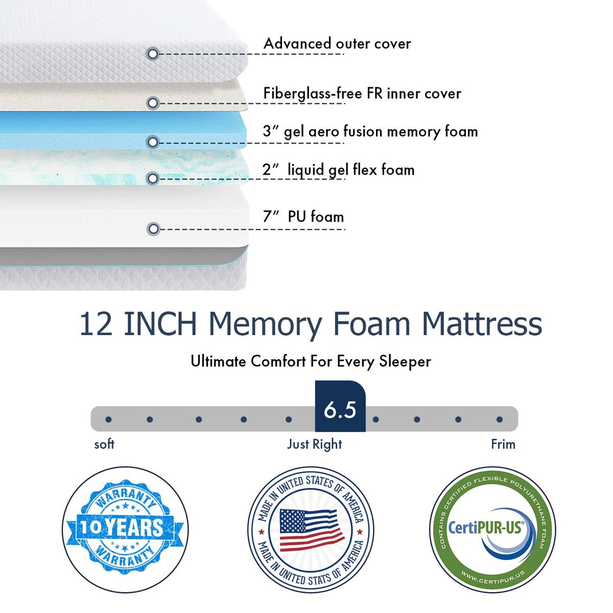 Matelas en mousse à mémoire de forme gel 12 pouces, matelas rafraîchissant à sensation moyenne, livré dans une boîte, CertiPUR-US