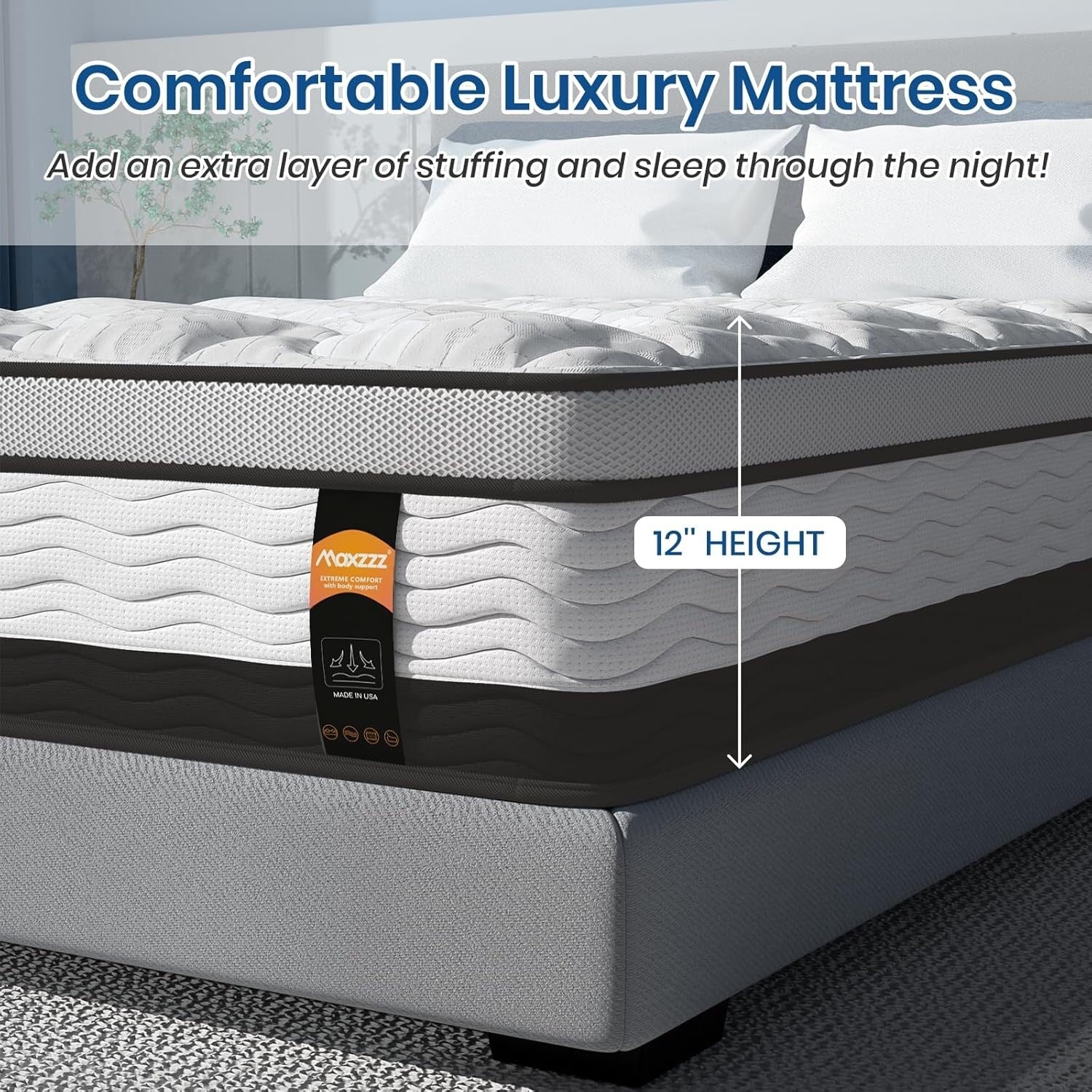 Matelas hybride King size 12 pouces dans une boîte, mousse à mémoire de forme infusée de gel rafraîchissant et matelas à ressorts ensachés, fermeté moyenne, 76 x 80 pouces