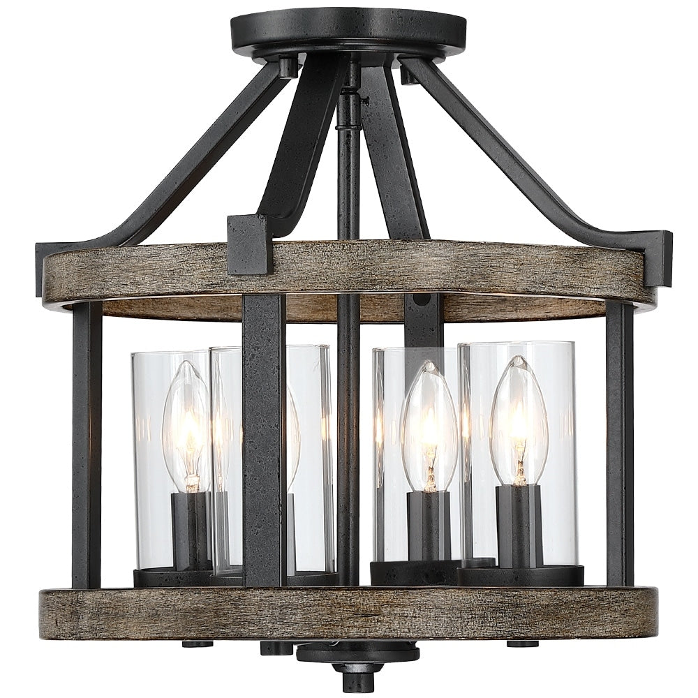 Plafonnier semi-encastré de style campagnard moderne, 4 lumières, 12,5 po, en fer naturel et imitation bois vieilli - 12,5 W