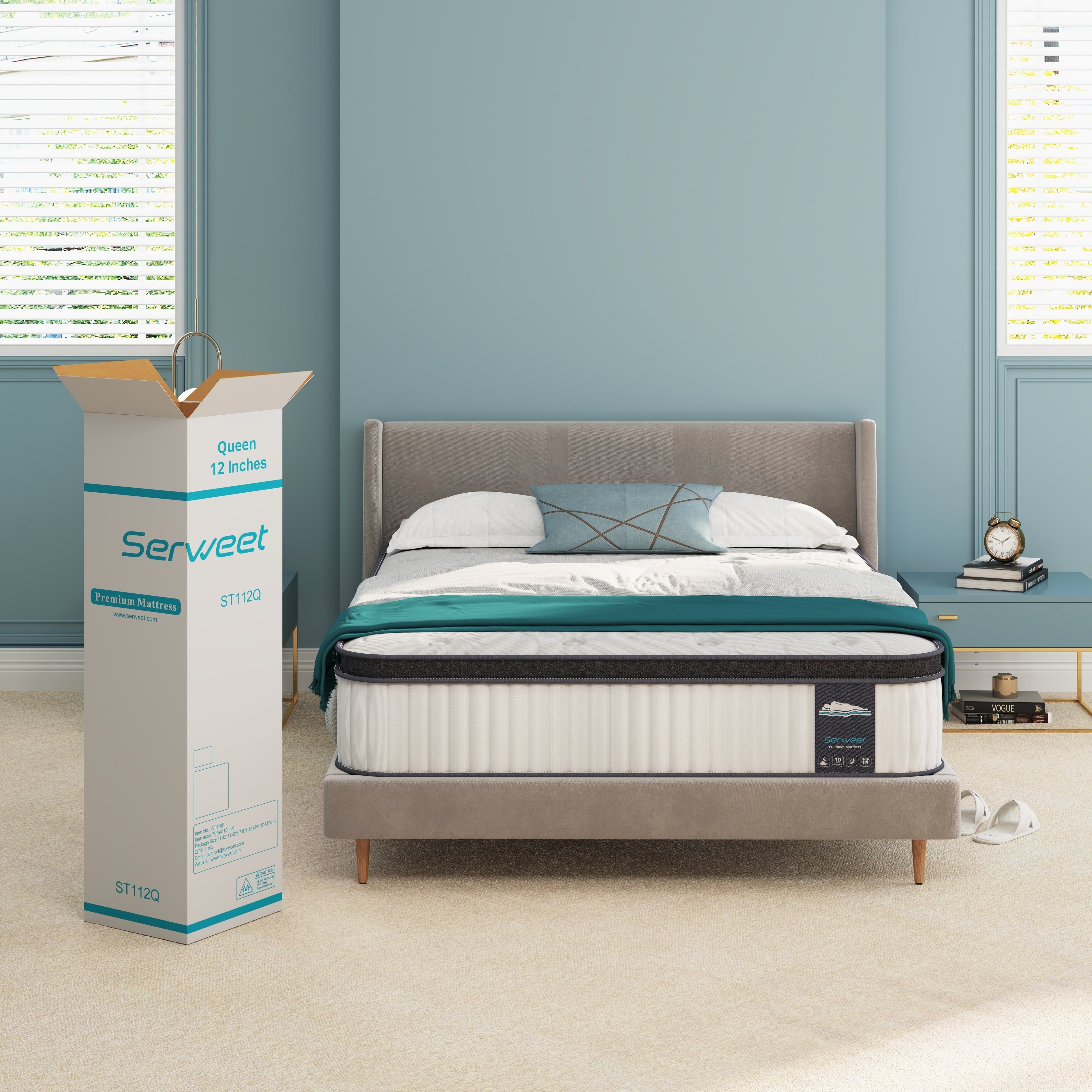 Matelas hybride en mousse à mémoire de forme et à ressorts ensachés, matelas dans une boîte
