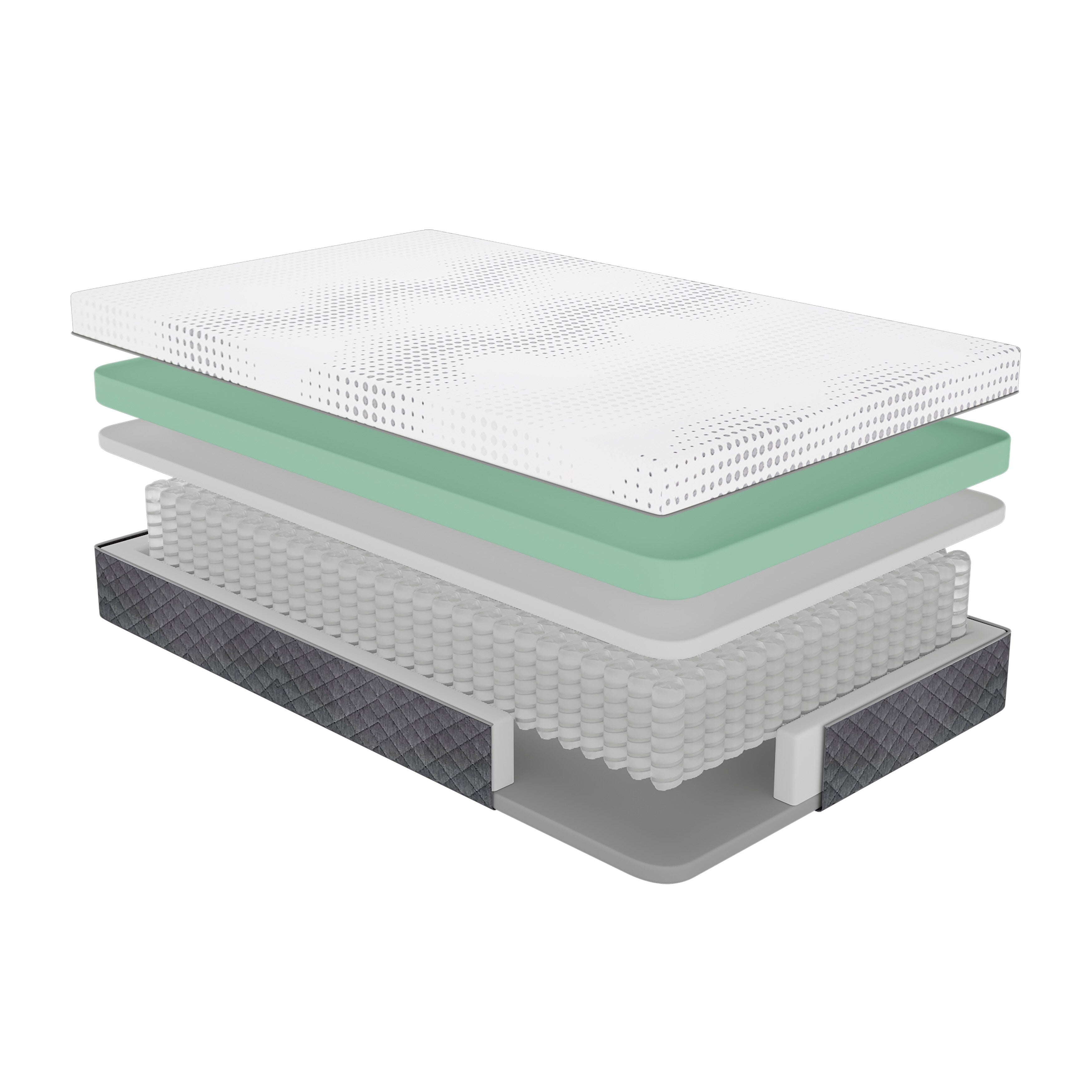 Matelas hybride à 12 ressorts ensachés en mousse moelleuse et gel au thé vert, livré dans une boîte