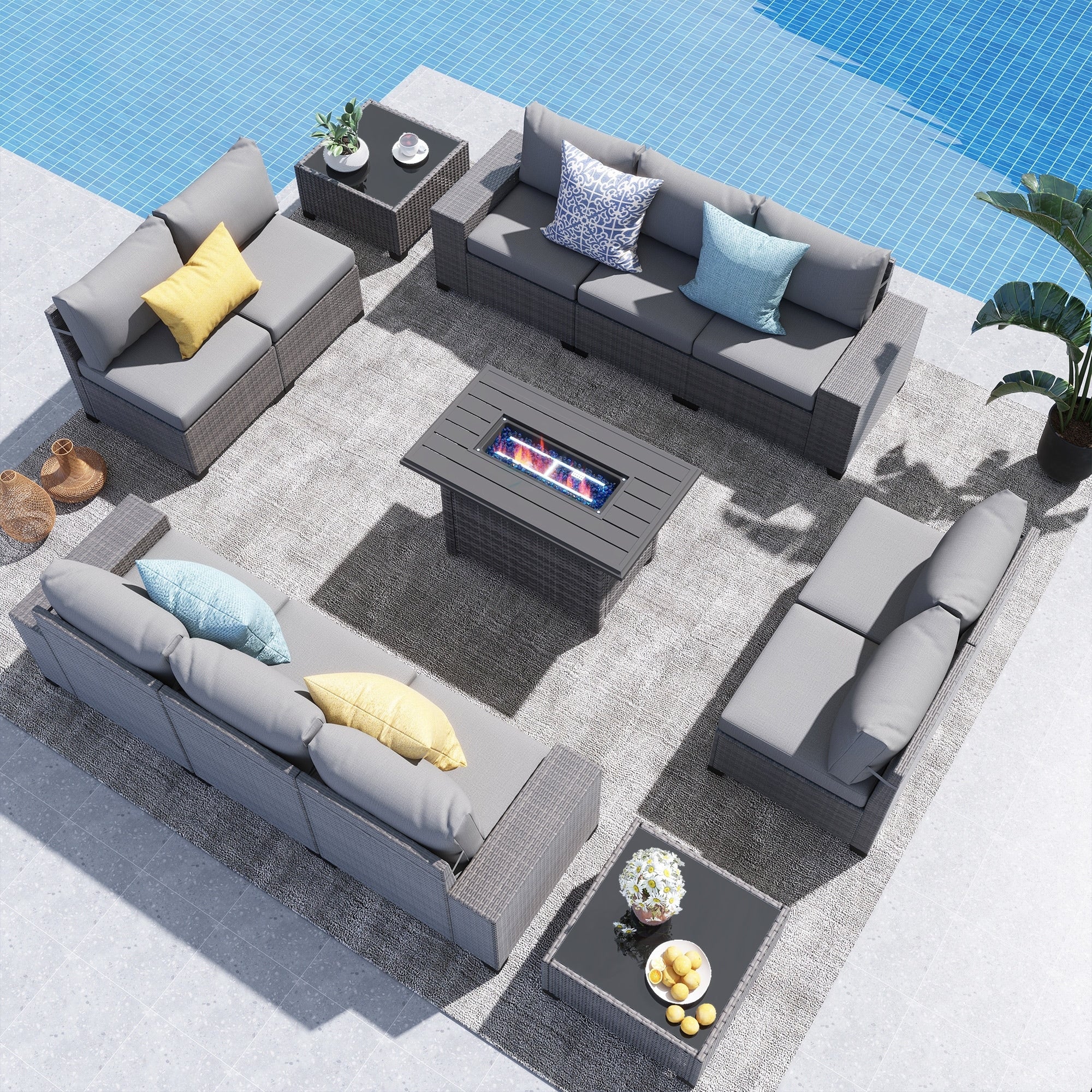 Ensemble de salon de jardin en osier 13 pièces pour 10 personnes avec coussins imperméables et table pour foyer