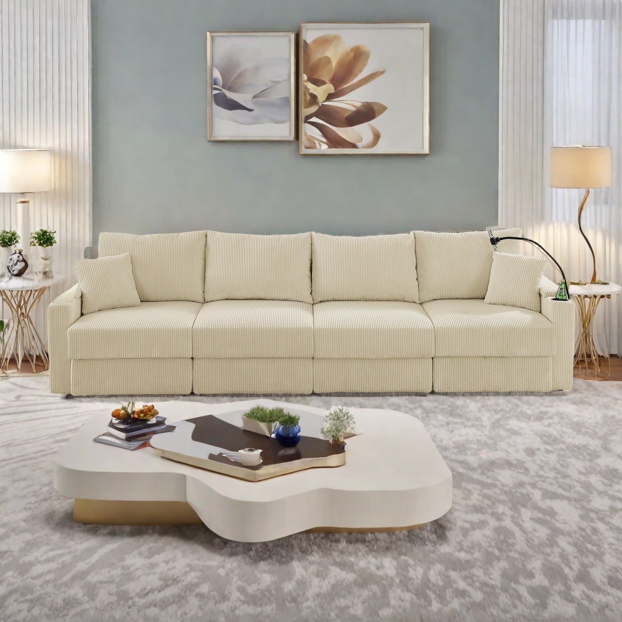 Canapé 5 places en velours côtelé 132 avec porte-gobelets et support pour téléphone, coussins haute densité