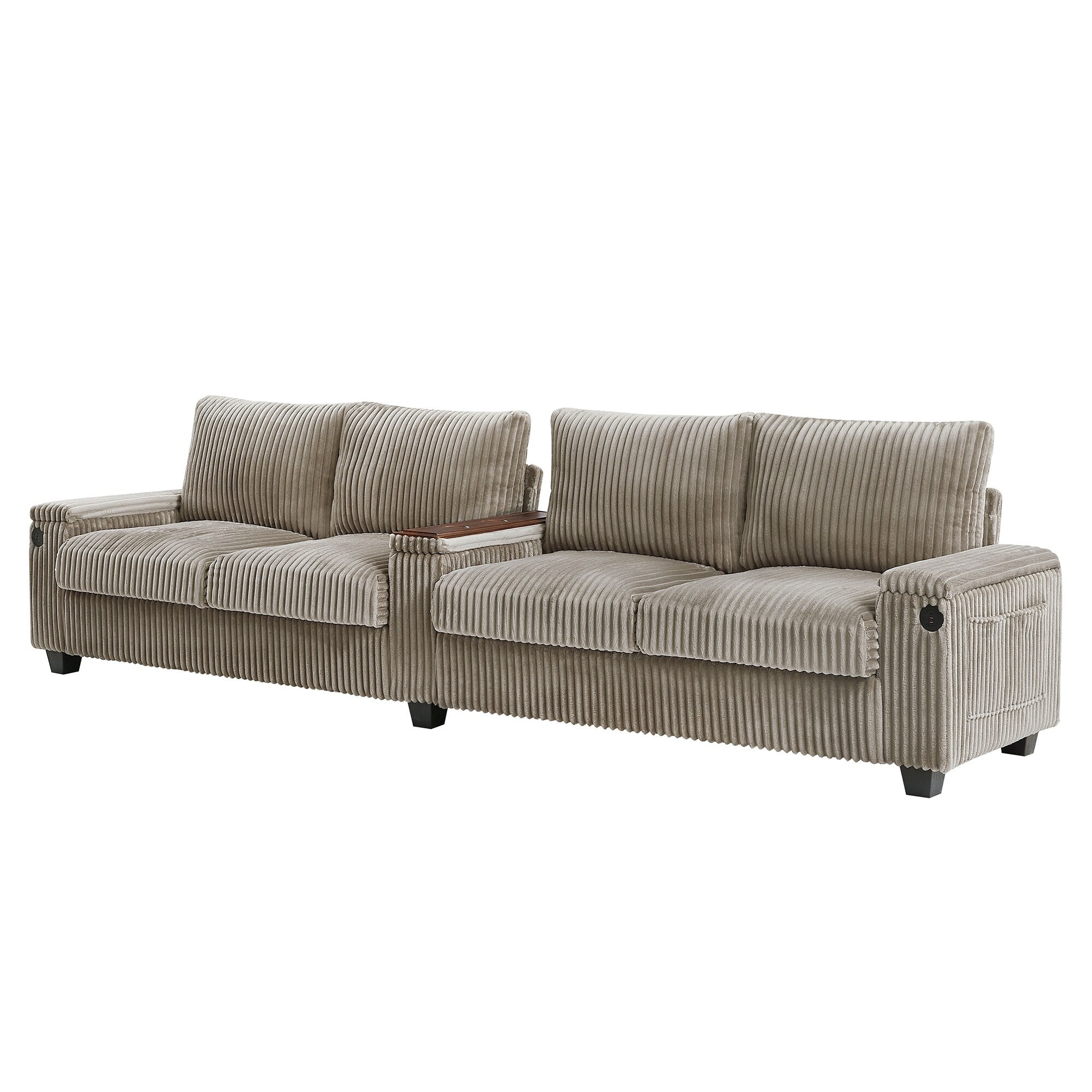 Canapé 4 places en velours côtelé 133 avec ports USB, porte-gobelets rabattables et rangement dissimulé