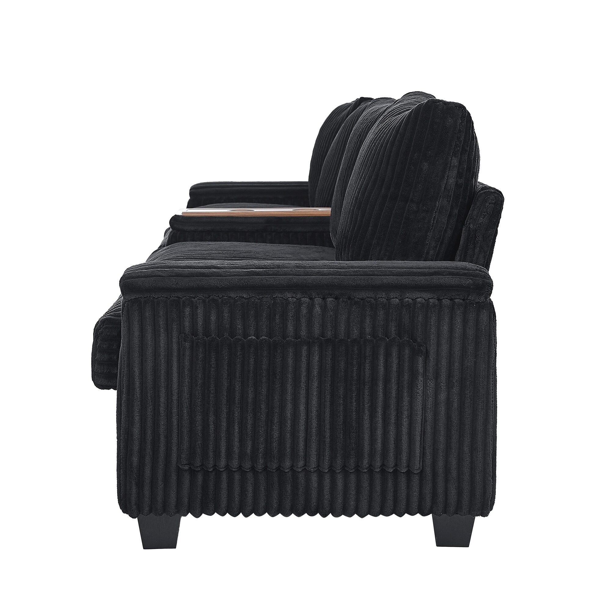 Canapé 4 places en velours côtelé 133 avec ports USB, porte-gobelets rabattables et rangement dissimulé