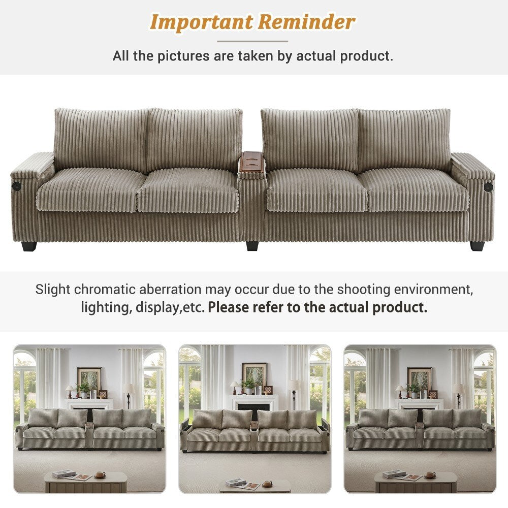 Canapé-lit 4 places moderne en velours côtelé avec ports USB et porte-gobelets rabattables