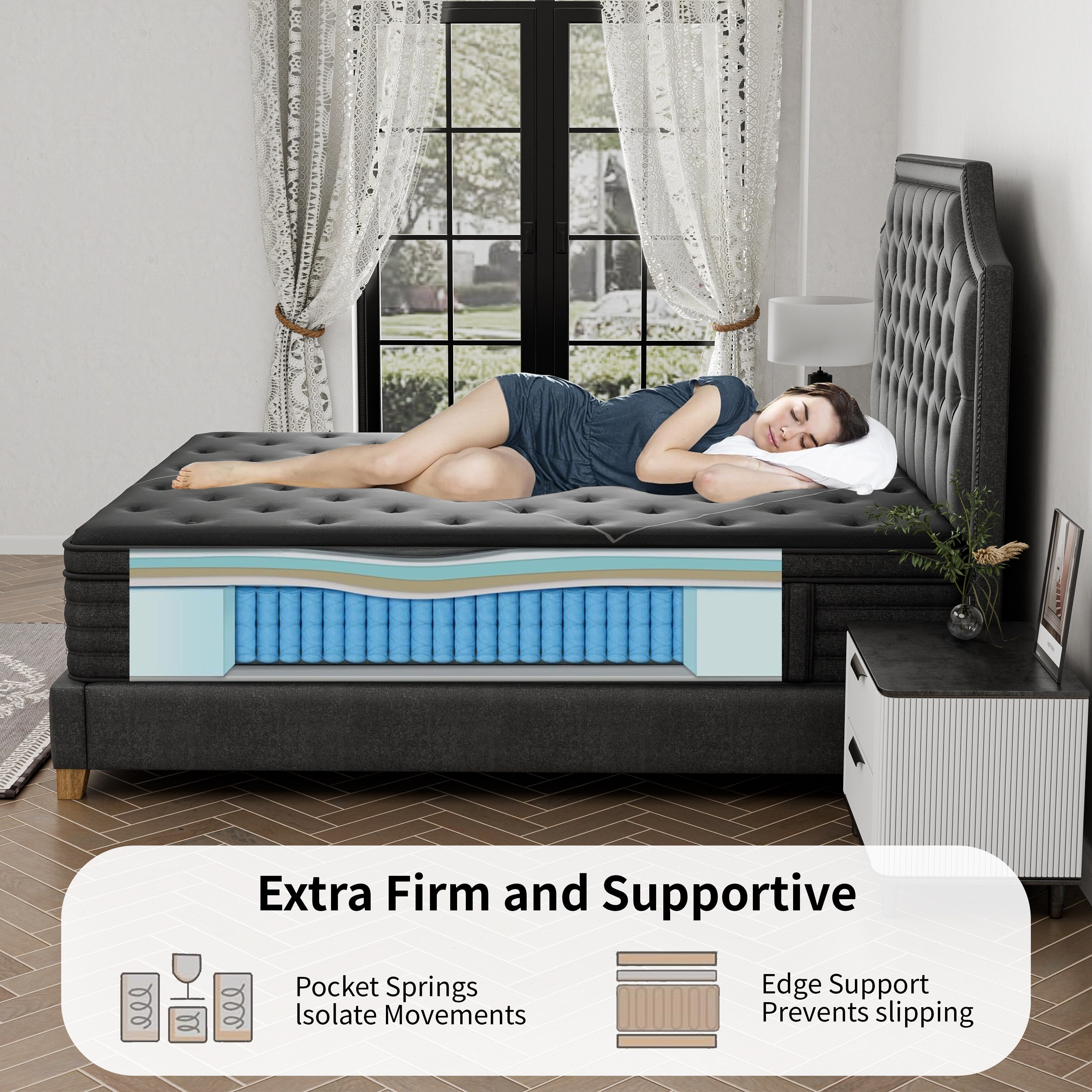 Matelas hybride extra ferme de 14 pouces avec refroidissement et isolation des mouvements