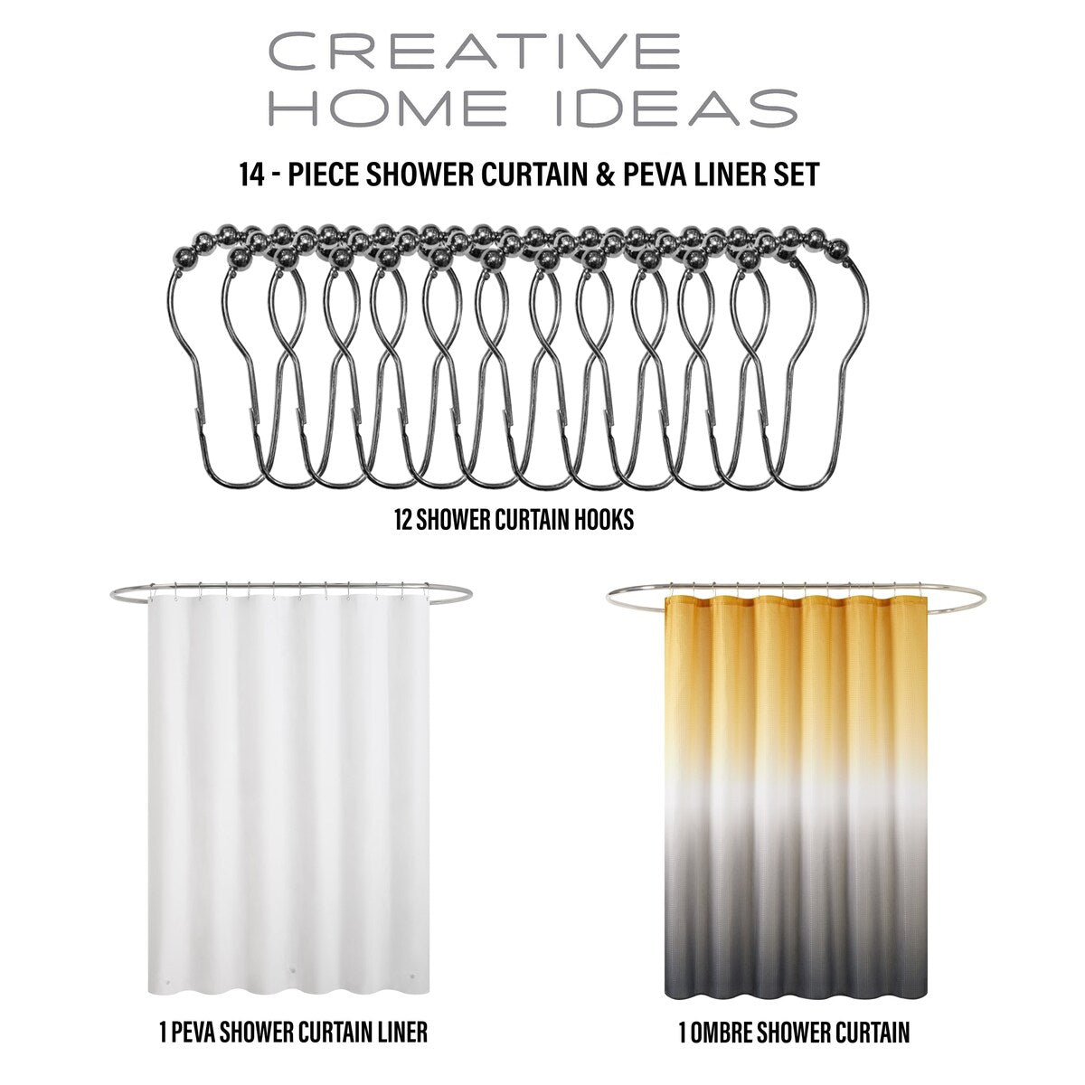 Ensemble de bain/douche 14 pièces : rideau de douche ombré, crochets et doublure PEVA