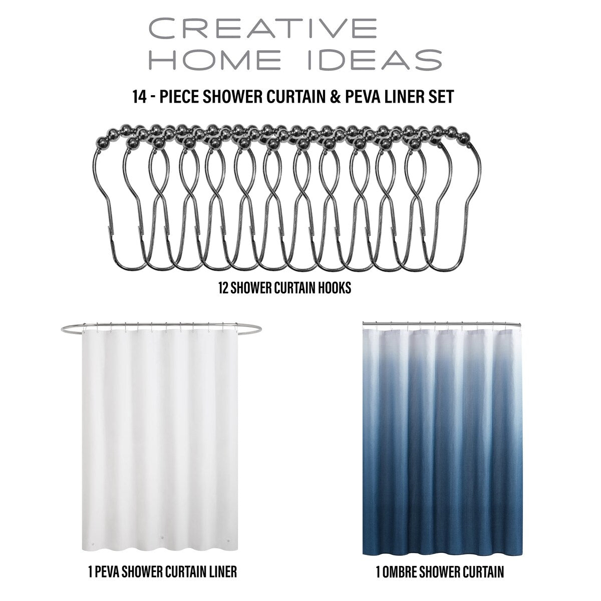 Ensemble de bain/douche 14 pièces : rideau de douche ombré, crochets et doublure PEVA