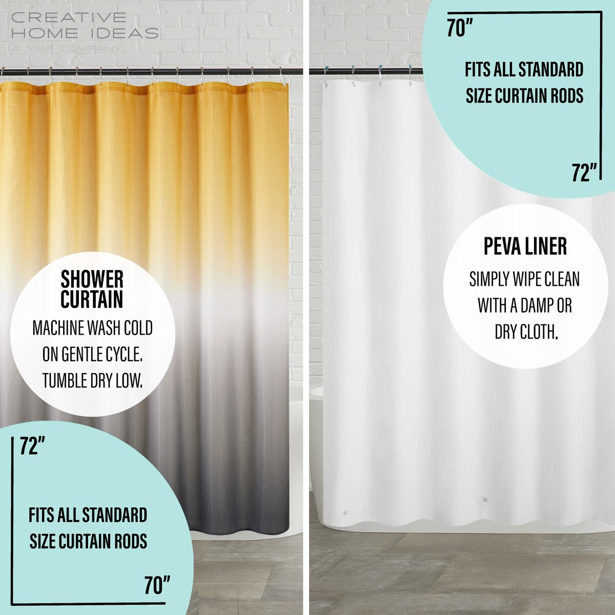 Ensemble de bain/douche 14 pièces : rideau de douche ombré, crochets et doublure PEVA