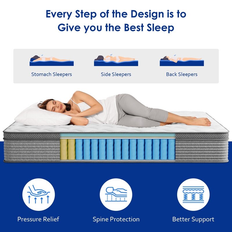 Matelas à ressorts ensachés ensachés en mousse à mémoire de forme et gel rafraîchissant de 14 po, isolant les mouvements, emballé individuellement pour soulager les maux de dos et rafraîchir