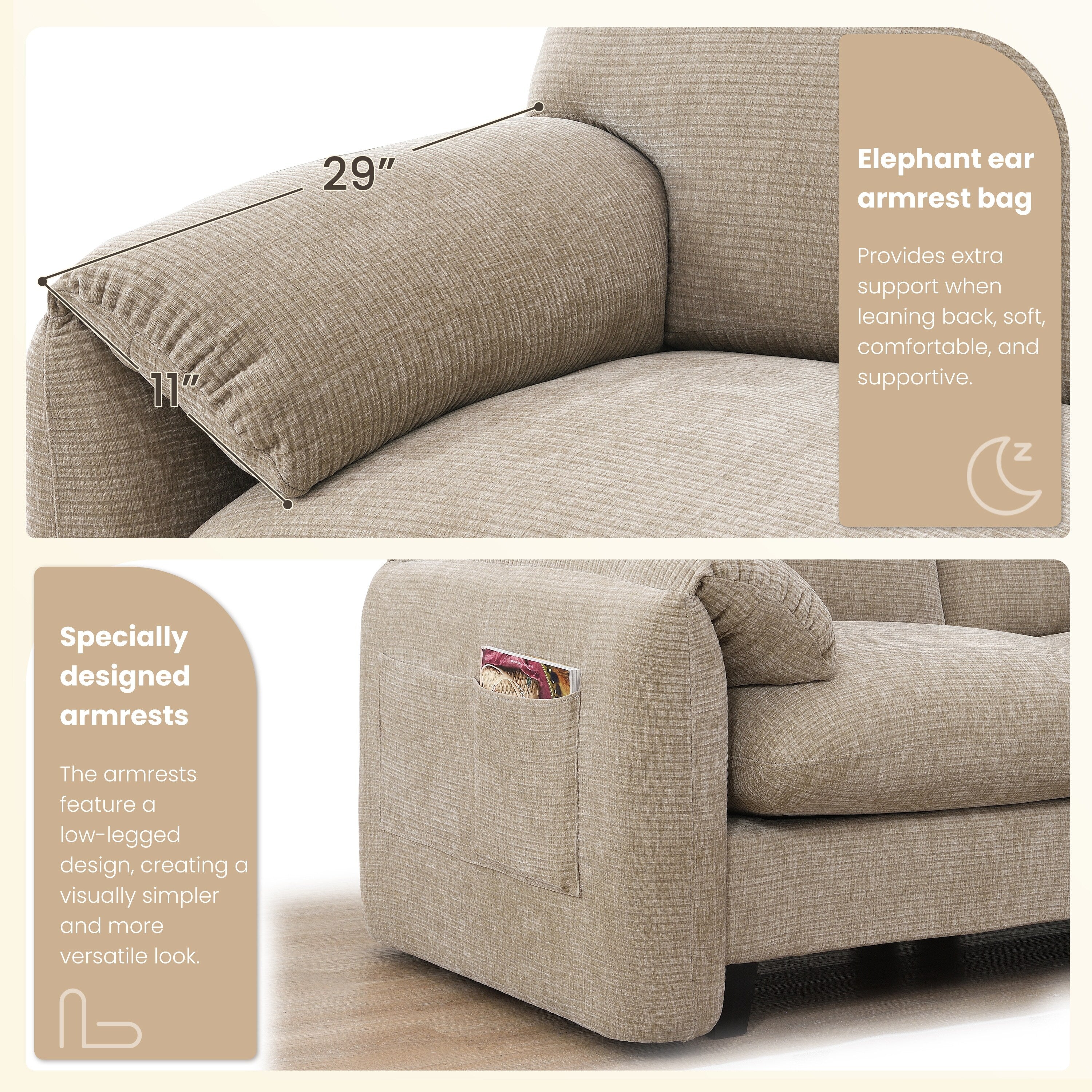 Canapé sectionnel en chenille de 140 pouces avec ports de chargement USB et Type-C, supports de téléphone, poches de rangement latérales et poufs mobiles