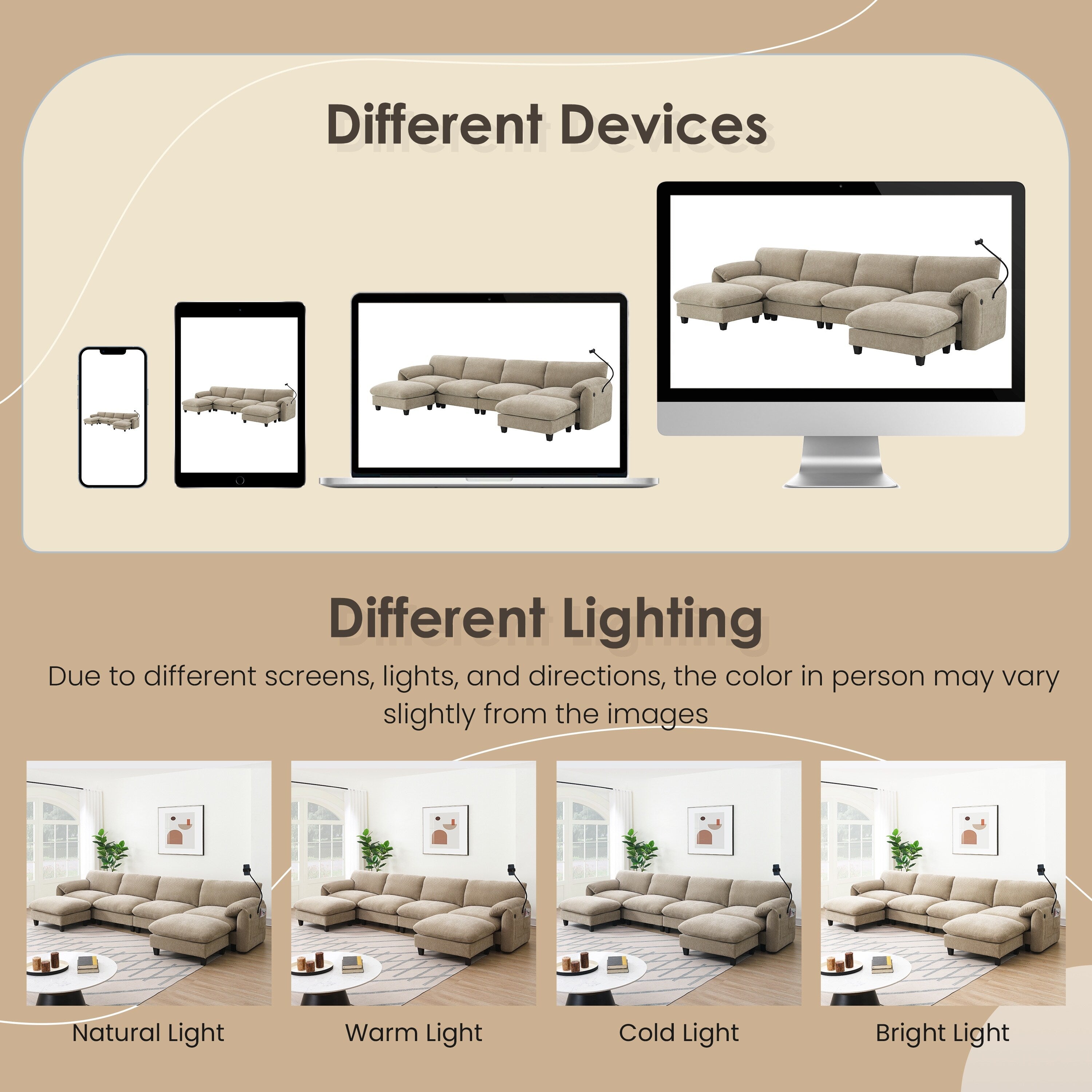 Canapé sectionnel en chenille de 140 pouces avec ports de chargement USB et Type-C, supports de téléphone, poches de rangement latérales et poufs mobiles