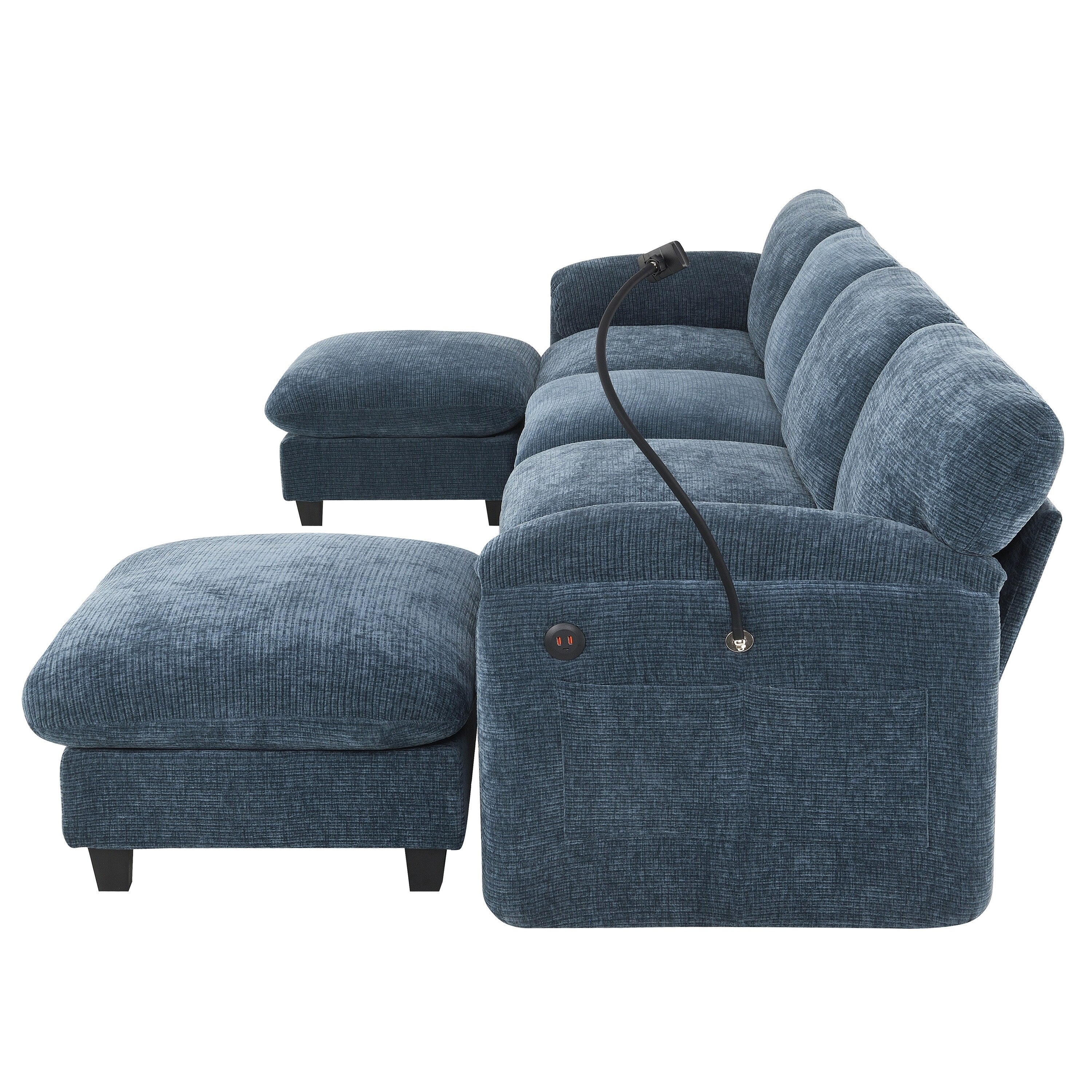 Canapé sectionnel en chenille de 140 pouces avec ports de chargement USB et Type-C, supports de téléphone, poches de rangement latérales et poufs mobiles