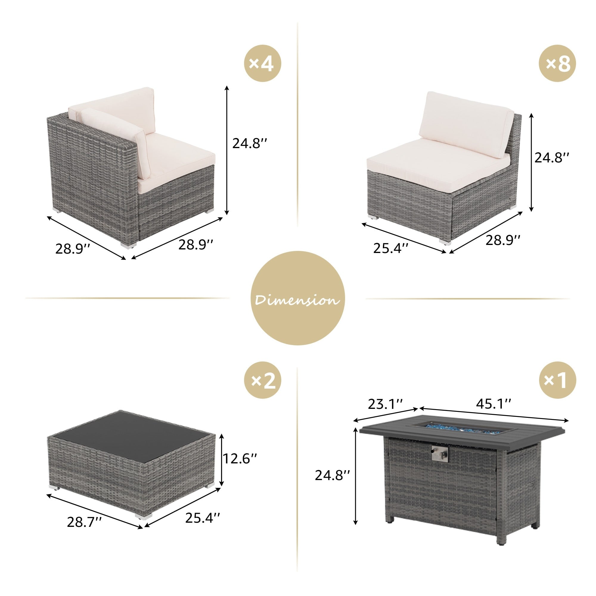 Ensemble de 15 meubles de patio en osier avec canapé, foyer et table