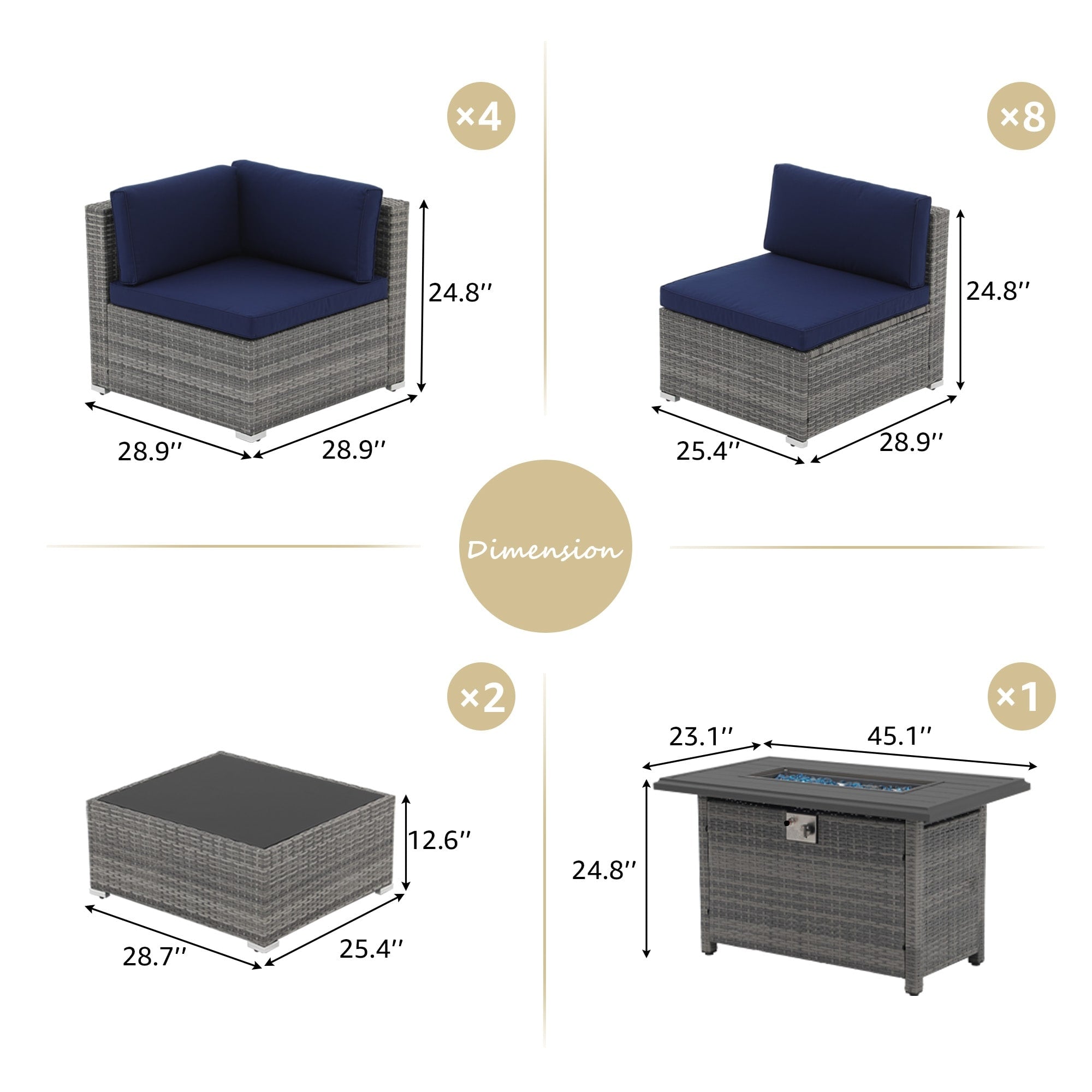Ensemble de 15 meubles de patio en osier avec canapé, foyer et table