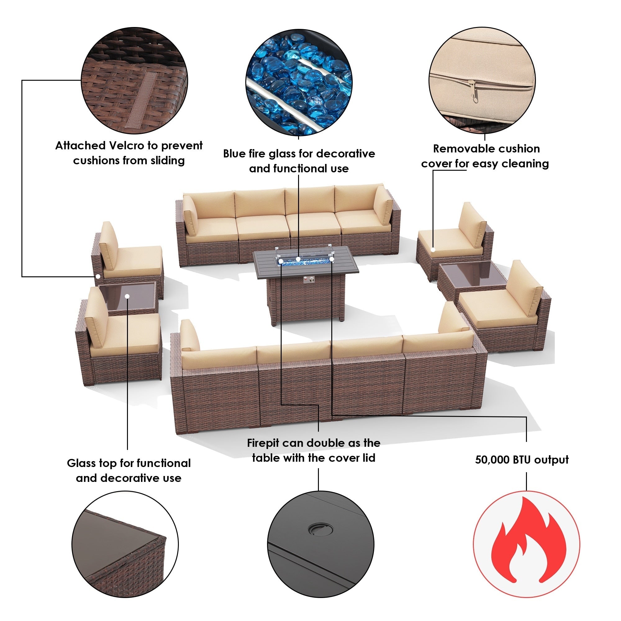 Ensemble de 15 meubles de patio en osier avec canapé, foyer et table