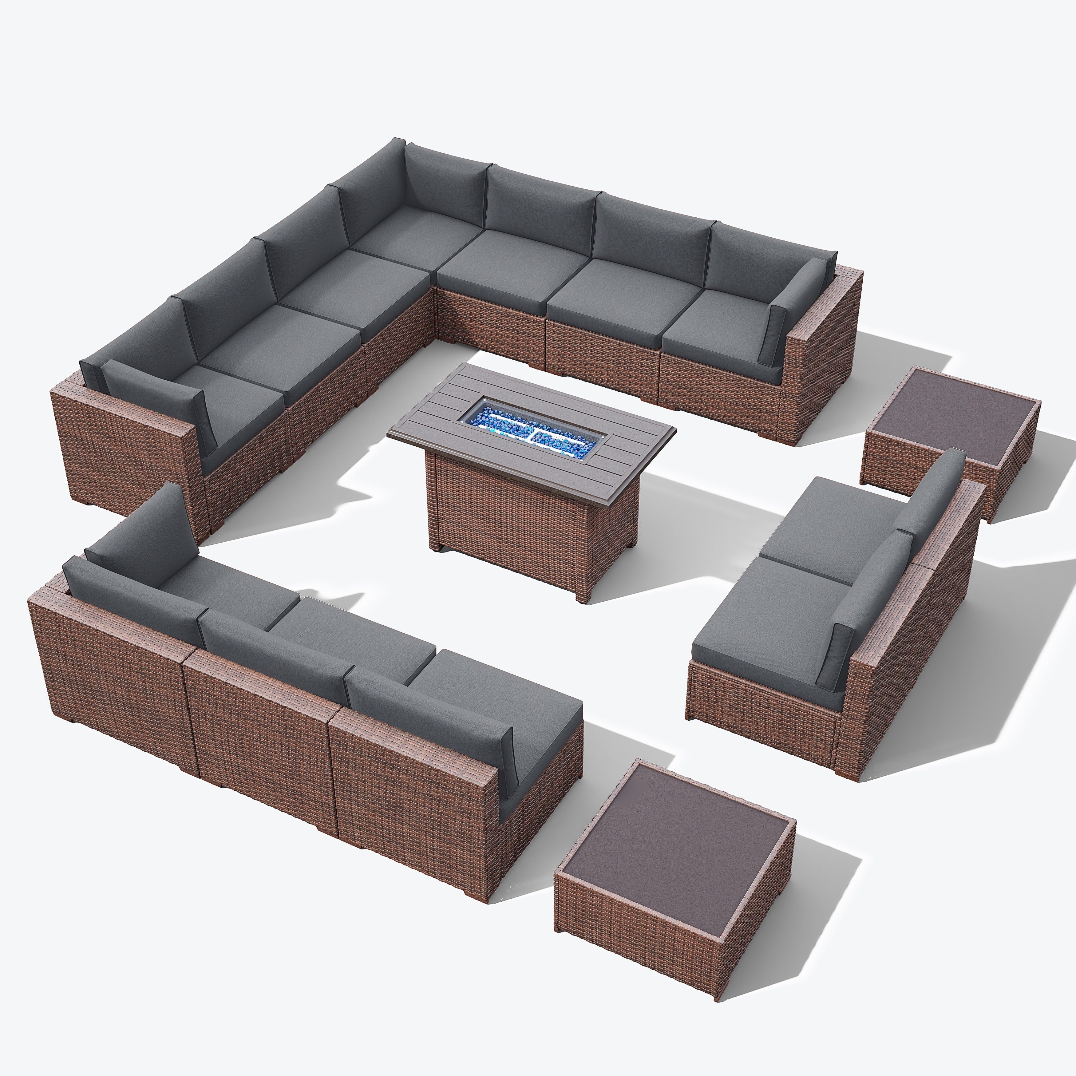 Ensemble de 15 meubles de patio en osier avec canapé, foyer et table