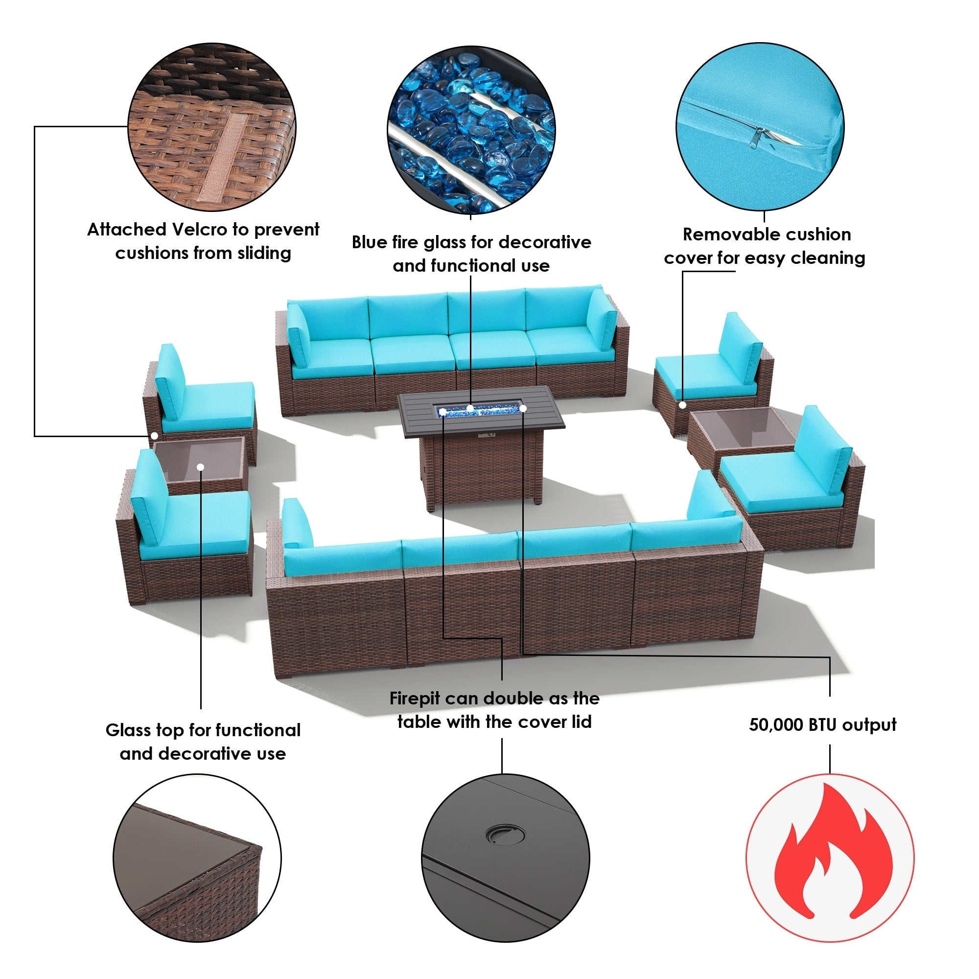 Ensemble de 15 meubles de patio en osier avec canapé, foyer et table