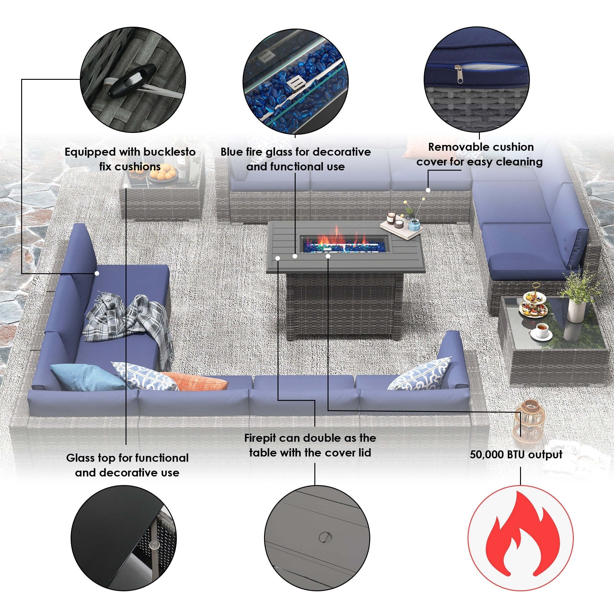Ensemble de 15 meubles de patio en osier avec canapé, foyer et table