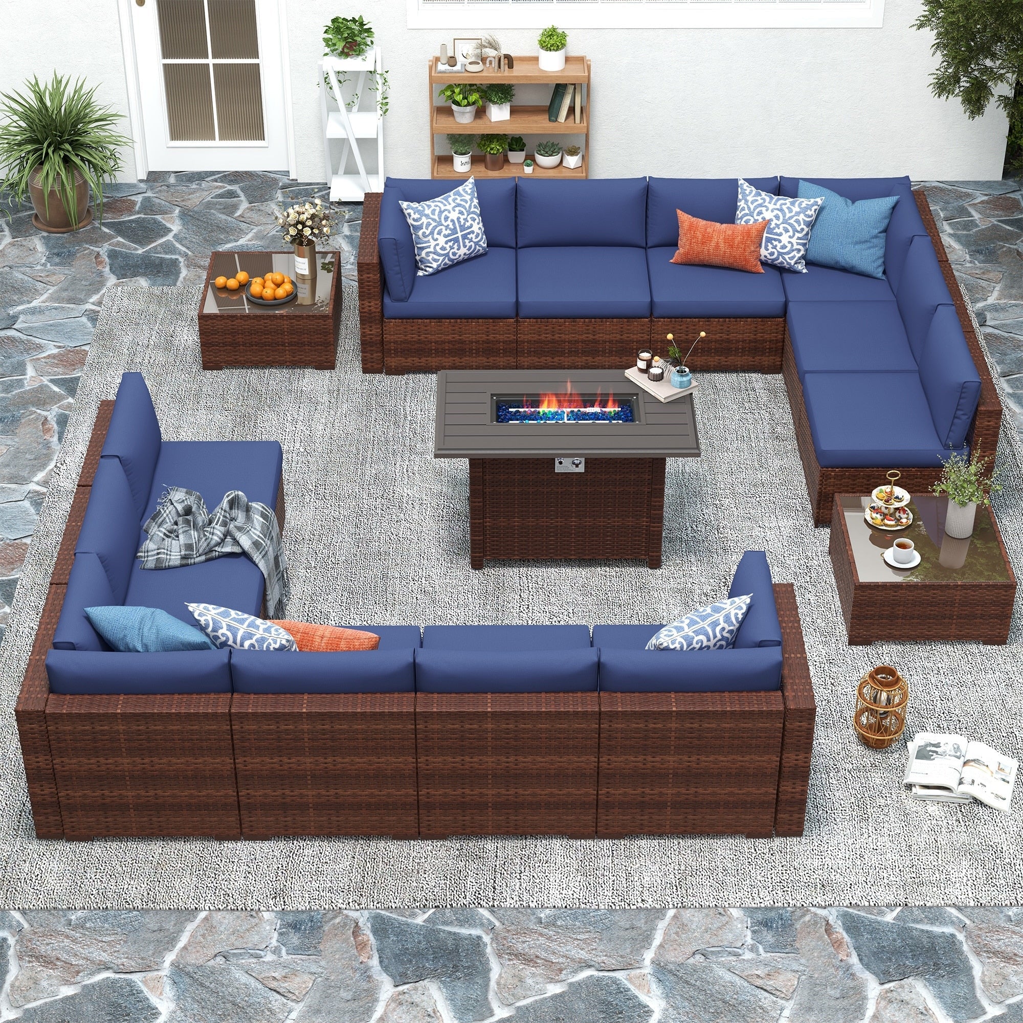 Ensemble de 15 meubles de patio en osier avec canapé, foyer et table