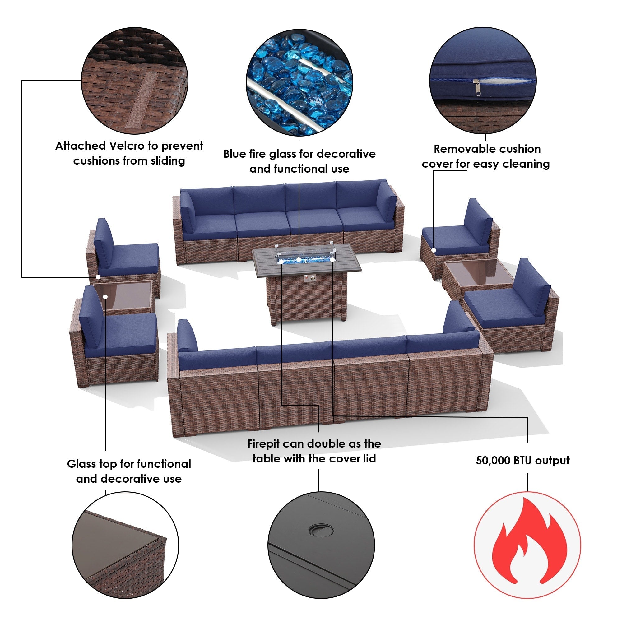 Ensemble de 15 meubles de patio en osier avec canapé, foyer et table