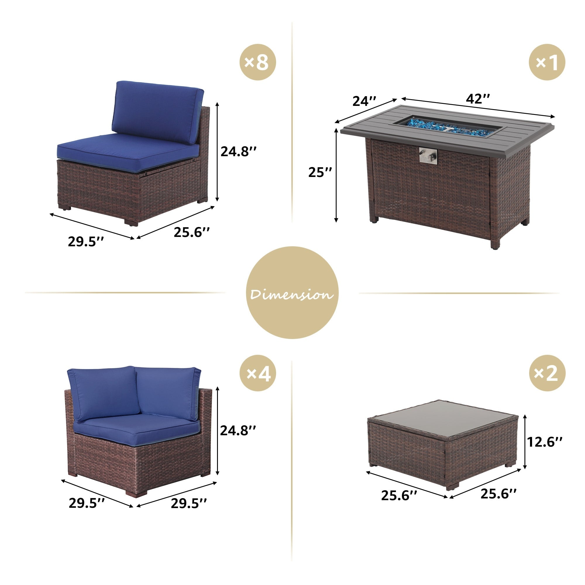 Ensemble de 15 meubles de patio en osier avec canapé, foyer et table