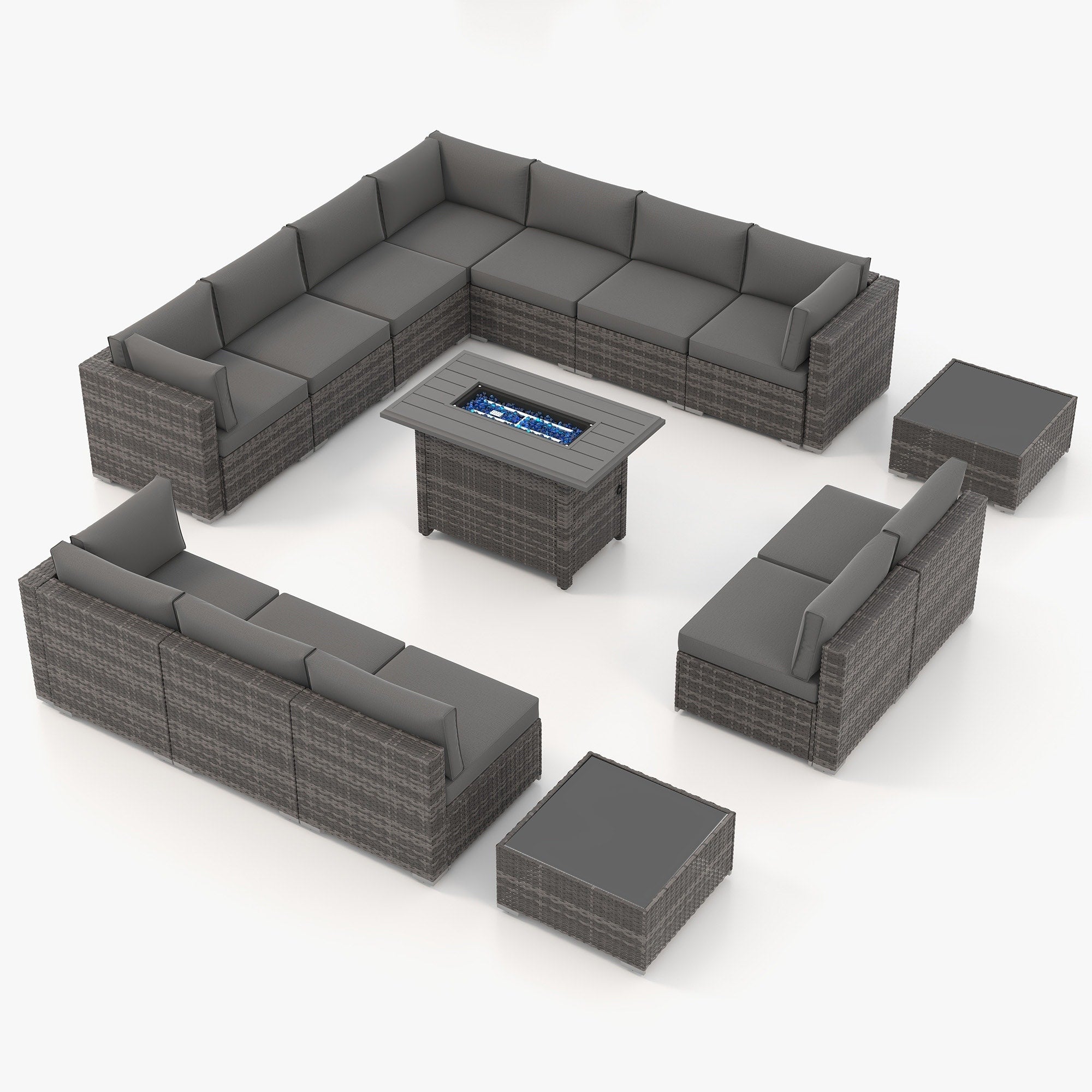 Ensemble de 15 meubles de patio en osier avec canapé, foyer et table