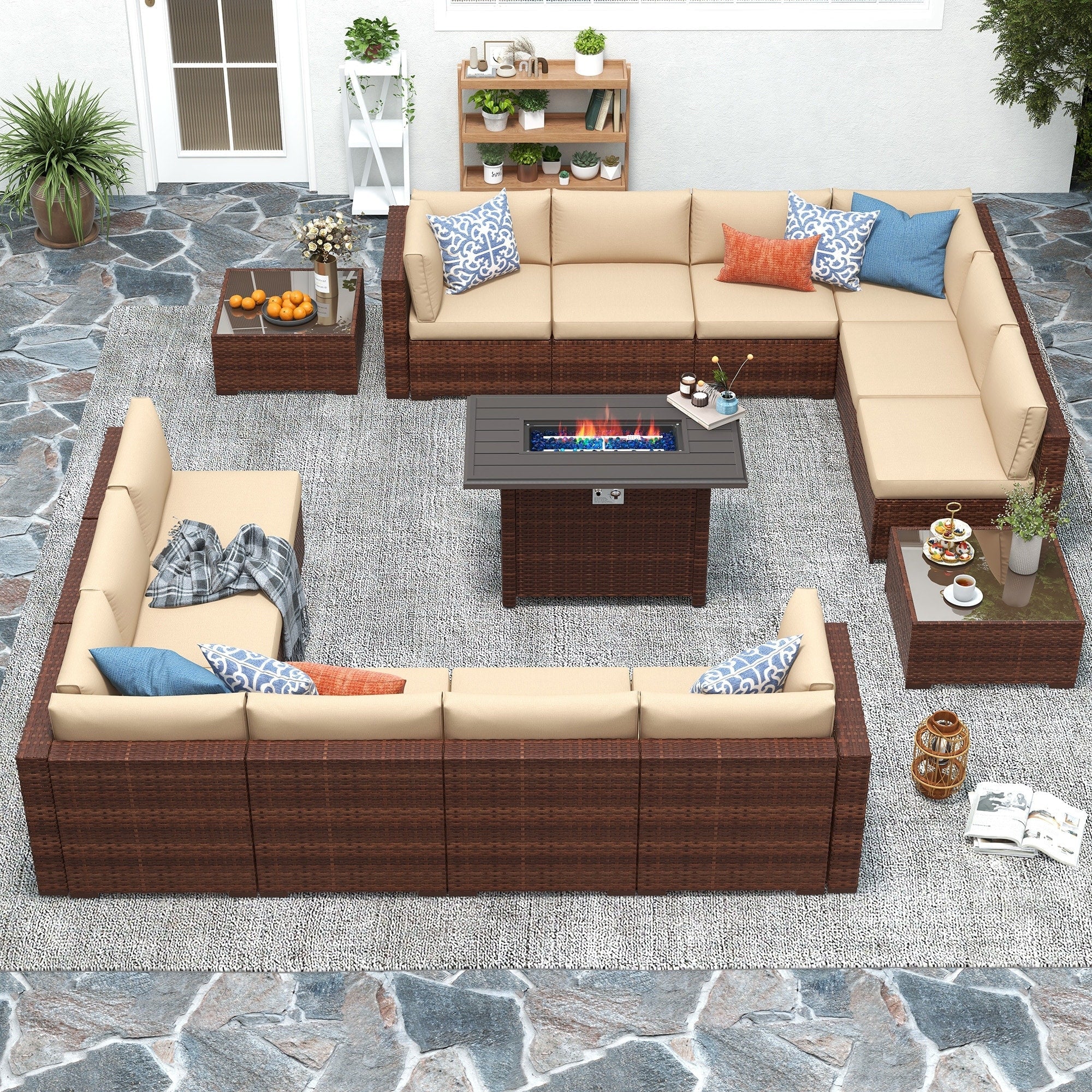 Ensemble de 15 meubles de patio en osier avec canapé, foyer et table